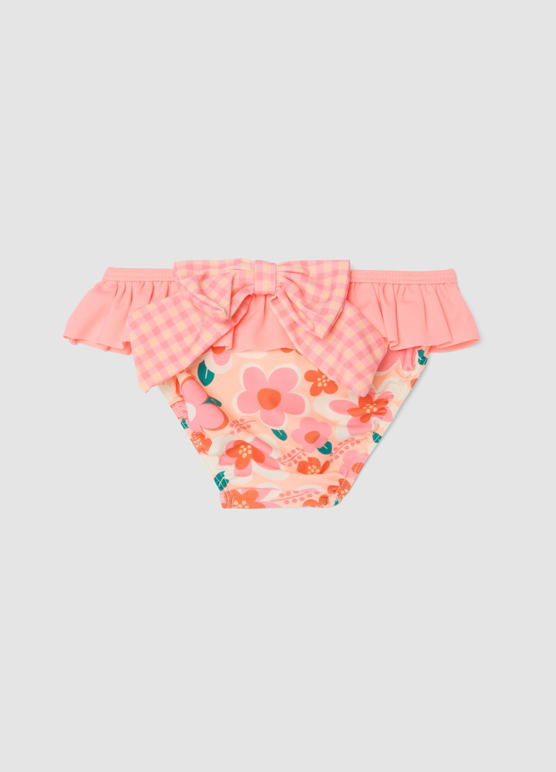 Pink stretchy fabric swim briefs with ruffles for baby girls