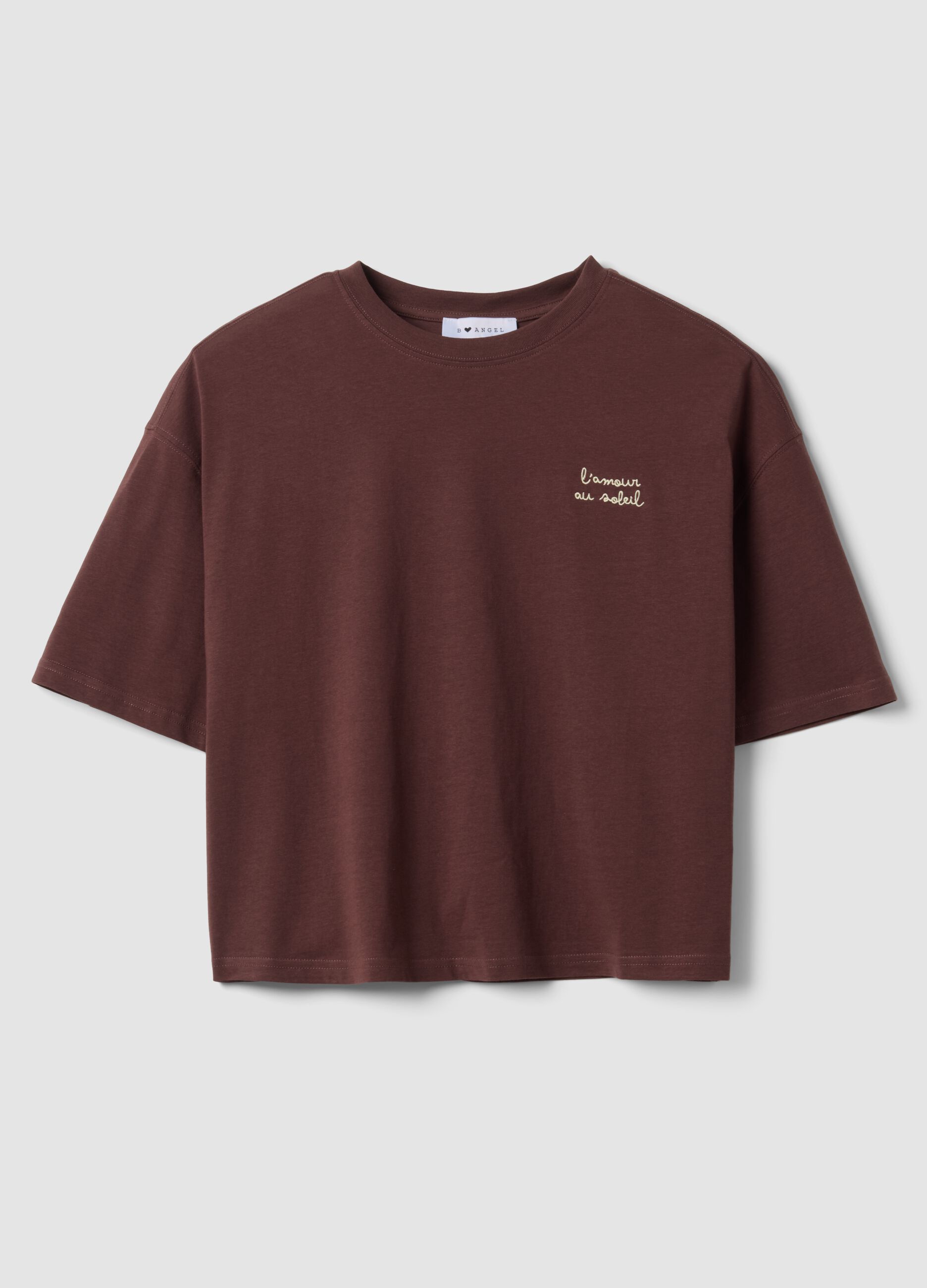 Brown pure cotton T-shirt with embroidered detail, boxy fit