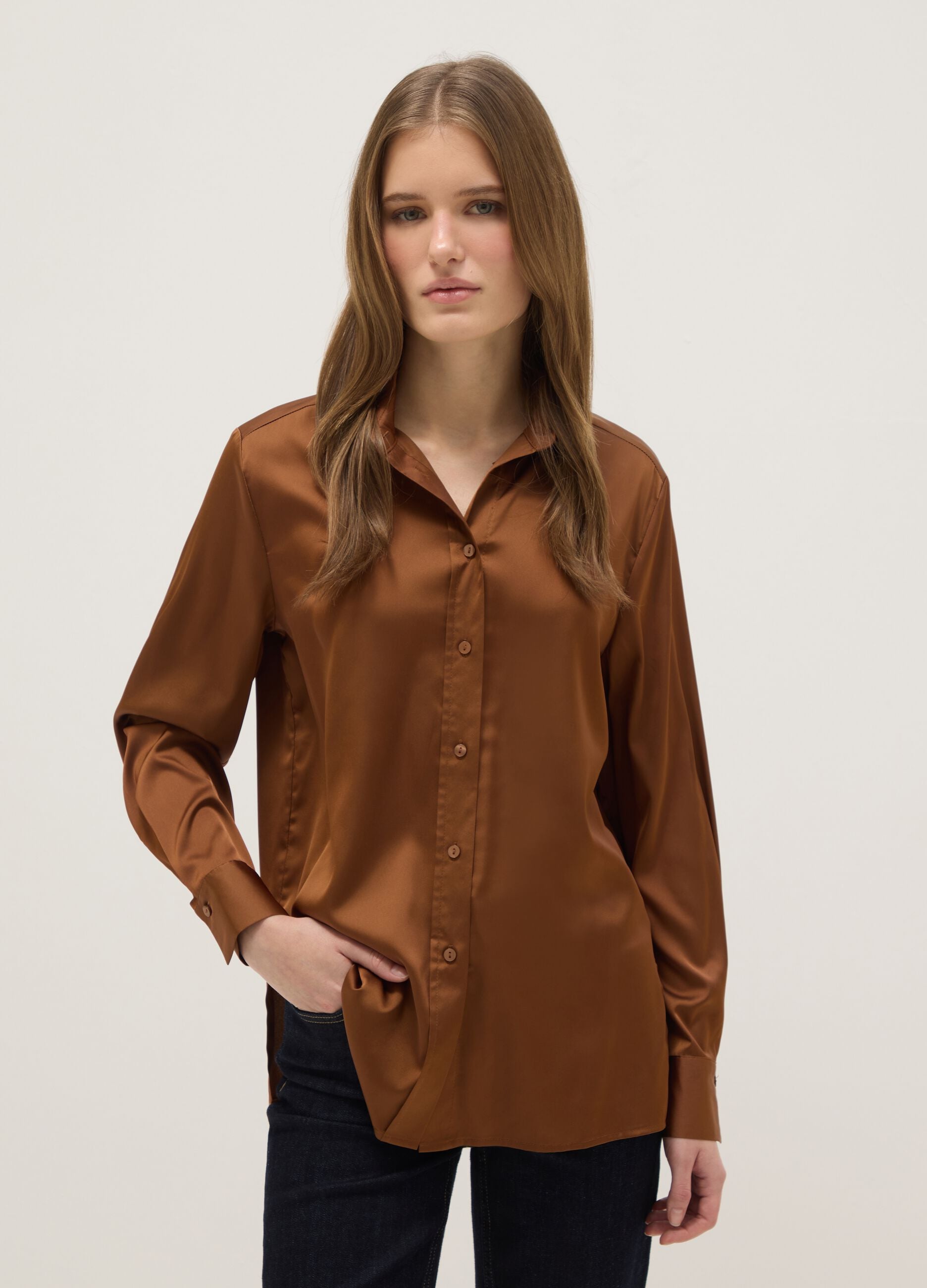 Brown Satin Regular Fit Shirt
