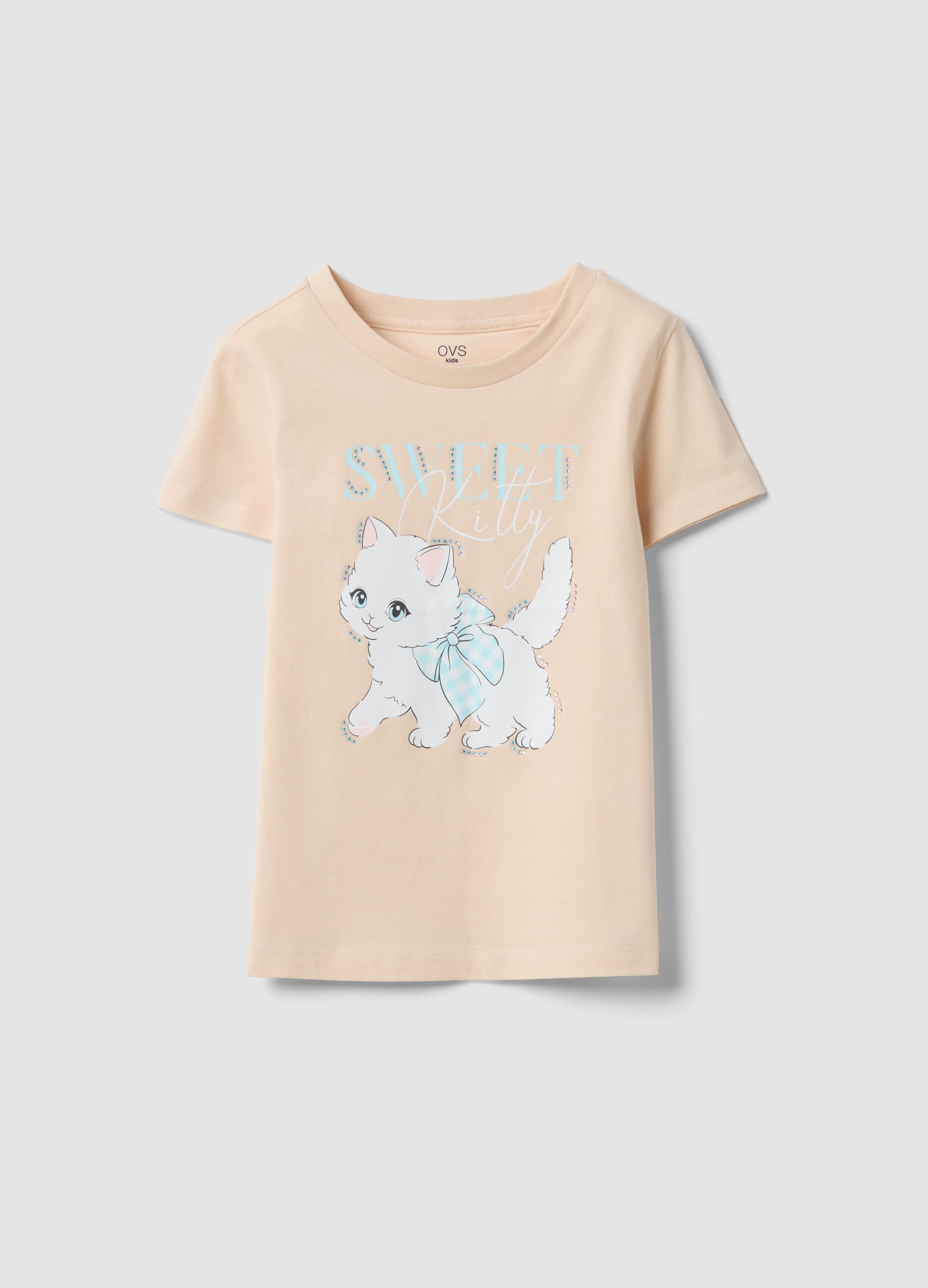 Beige regular fit pure cotton T-shirt with print for girls