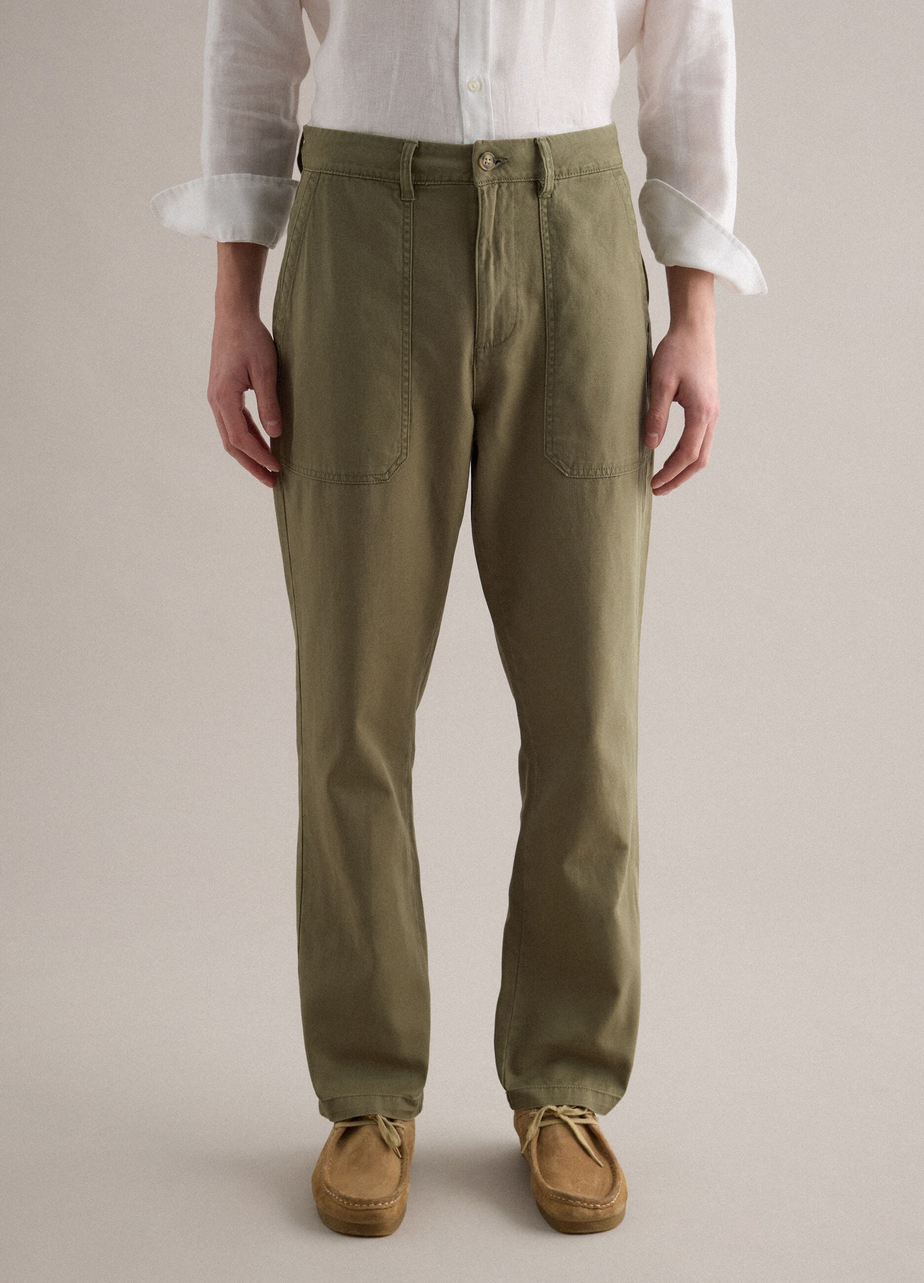 Green Cotton and Linen Trousers Regular Fit