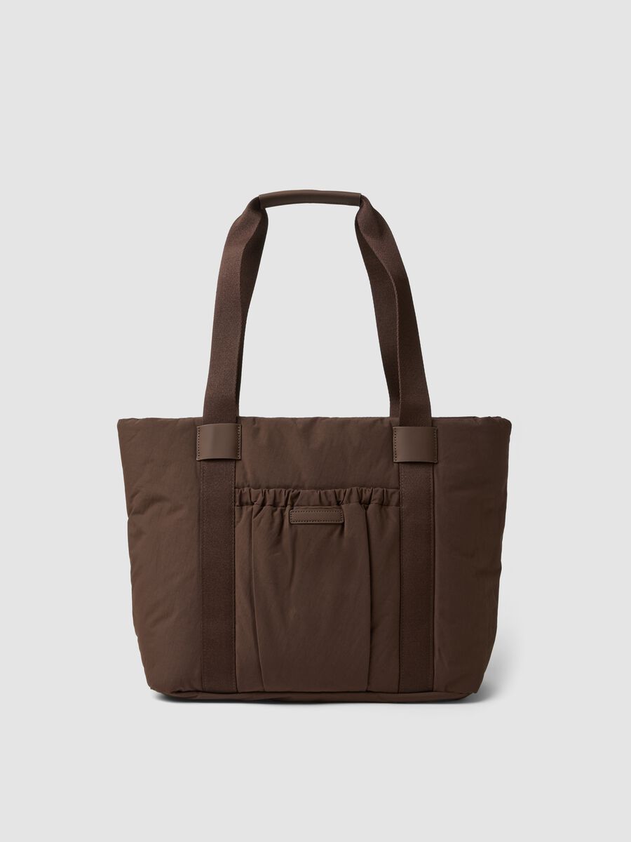 Borsa shopper marrone con tasca esterna arricciata_0