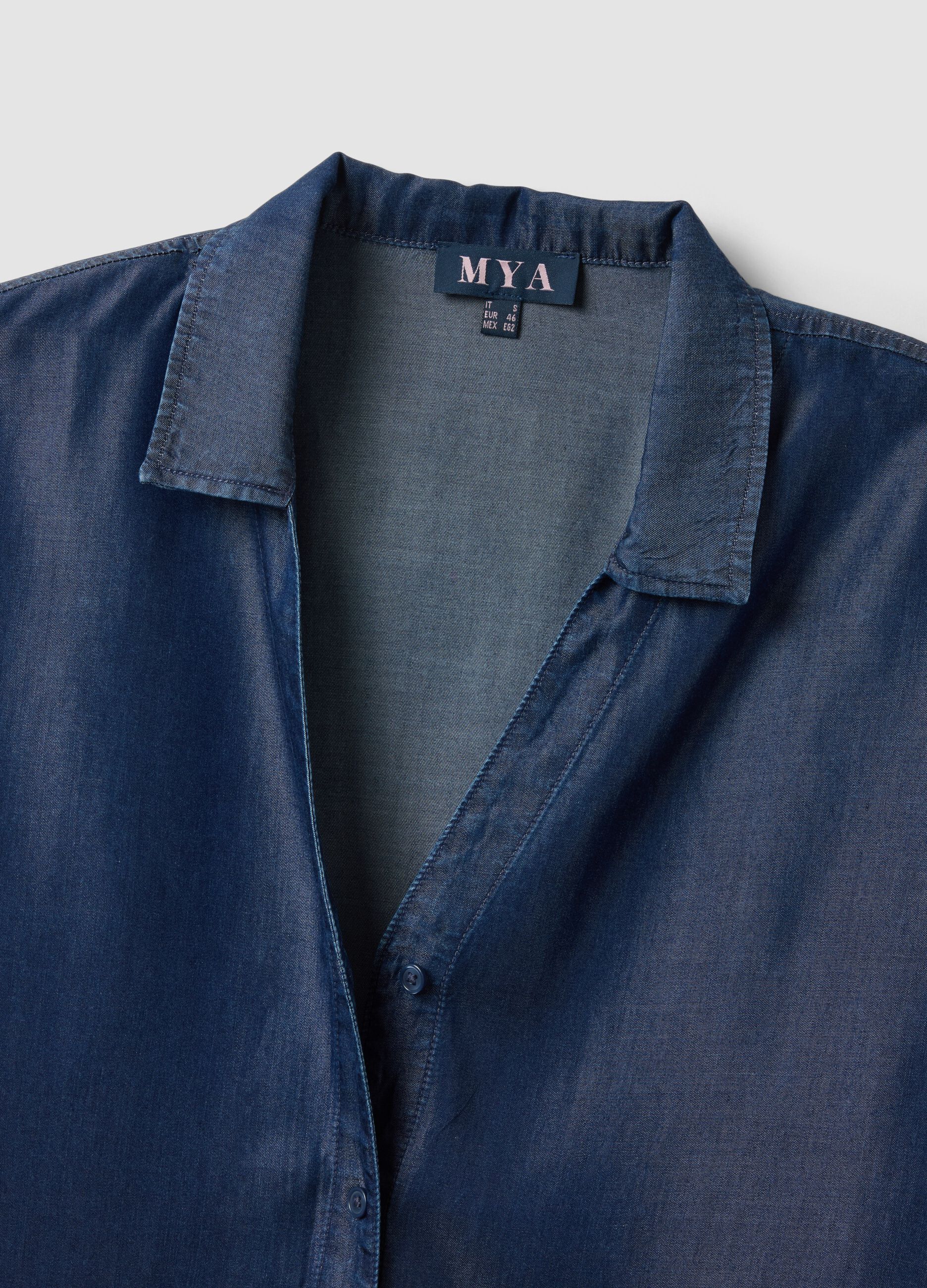 Blue pure lyocell short-sleeved shirt, regular fit