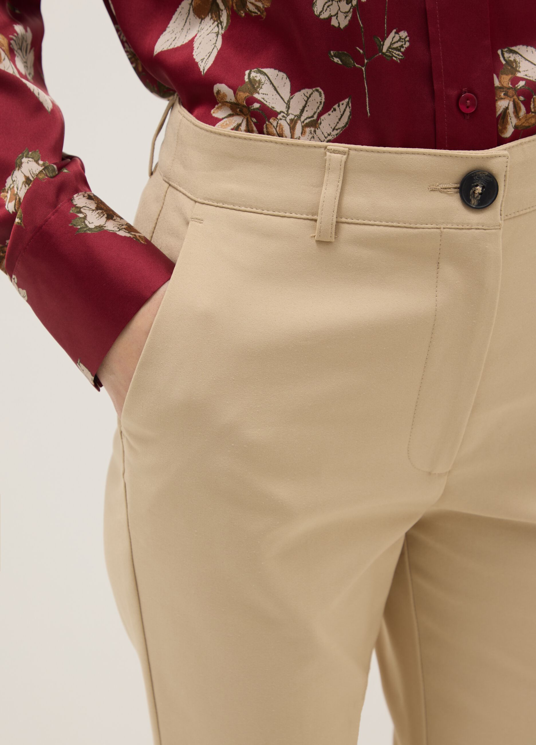 Beige regular fit cotton blend chino trousers