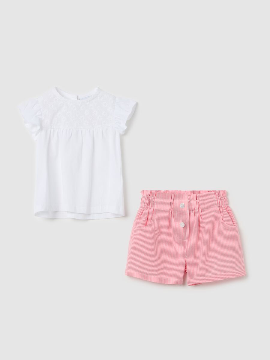 Set in cotone con fantasia a righe e ricamo fiori _0
