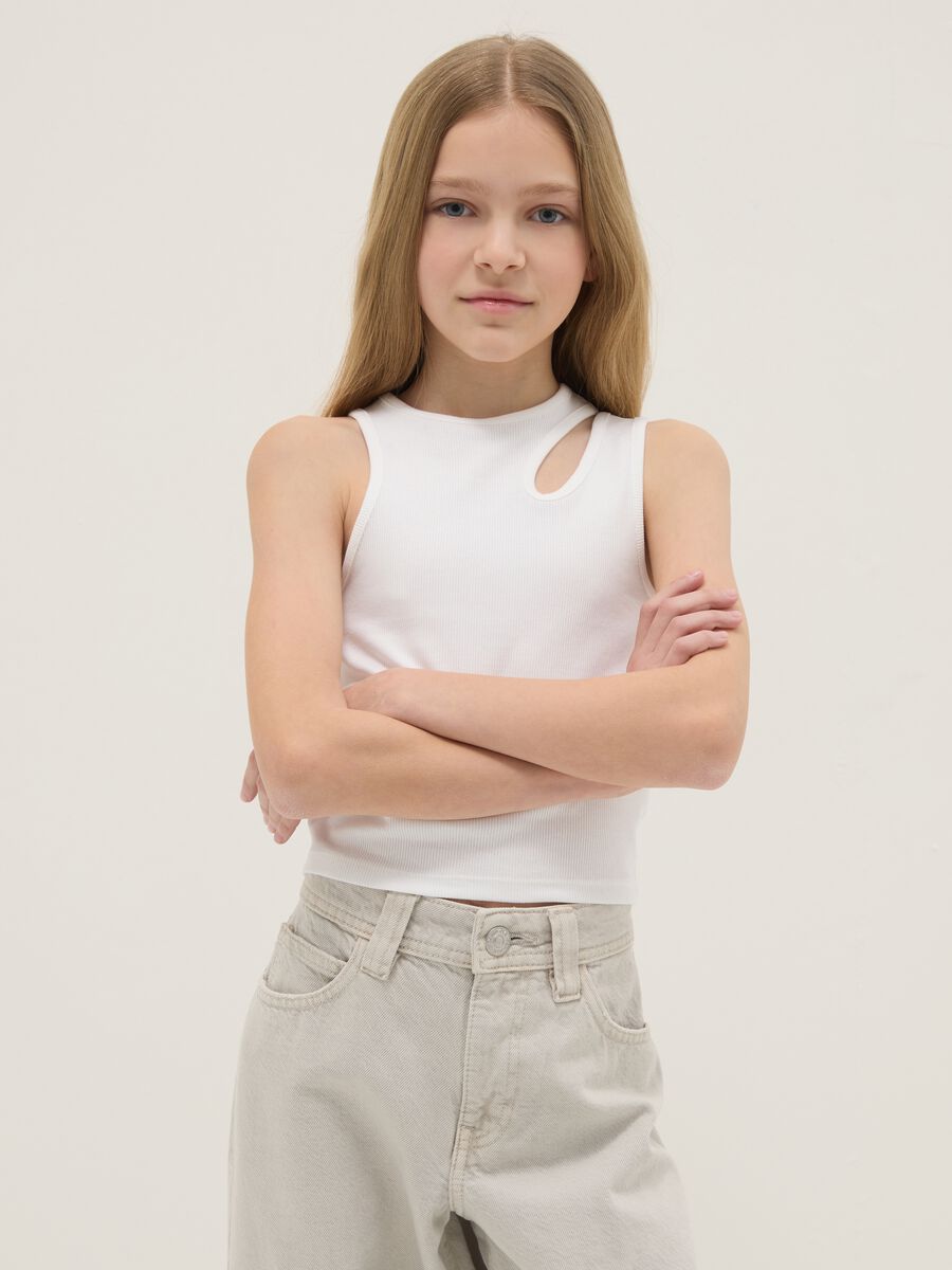 Girls' White Fitted Stretch Cotton Tank Top_0