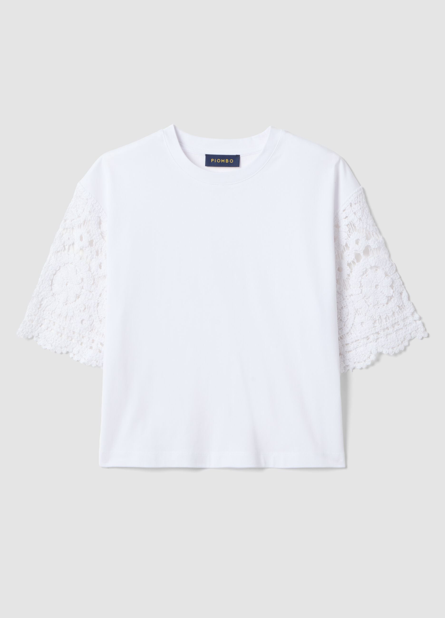 White short-sleeve cotton-blend T-shirt with mesh details