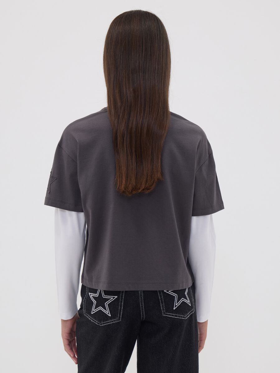 Girls&rsquo; grey oversized pure cotton T-shirt with double sleeves_2