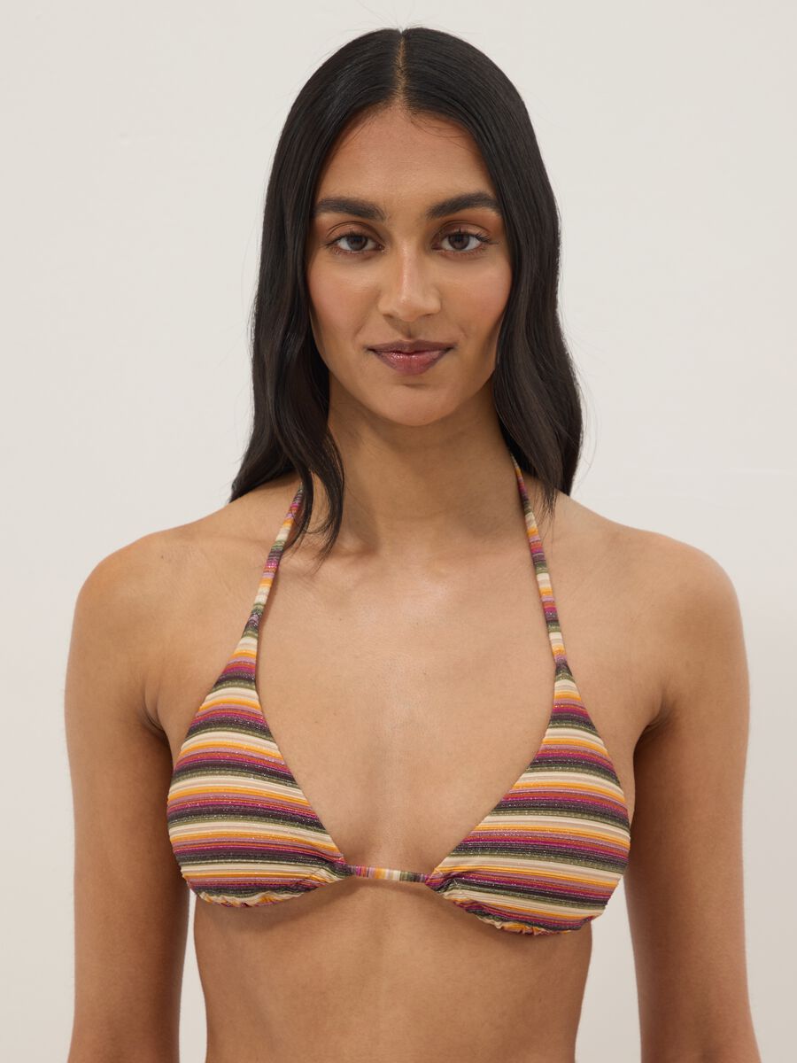 Multicoloured striped triangle bikini top in stretch fabric_0