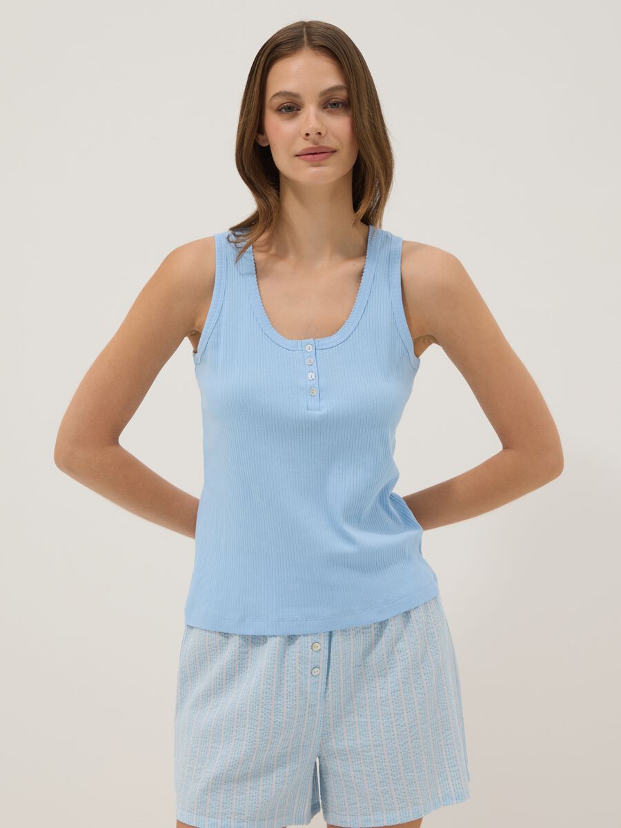 Light blue pure cotton vest with serafino collar and regular fit_1