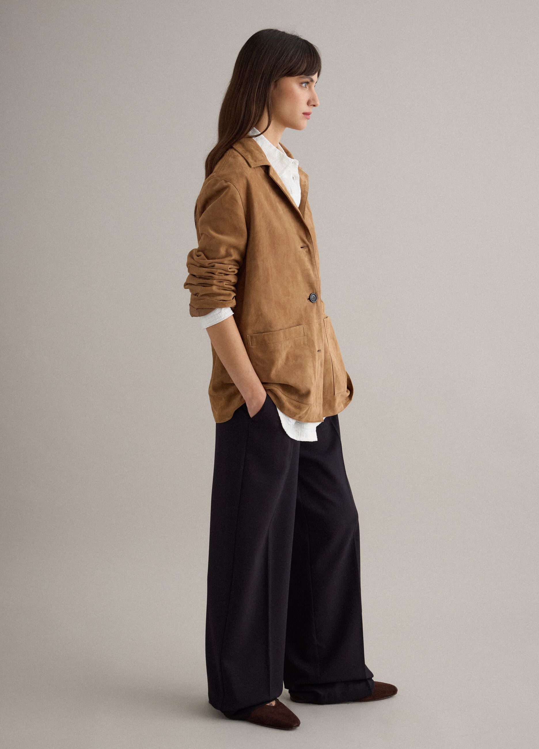 Brown genuine leather regular fit blazer with buttons