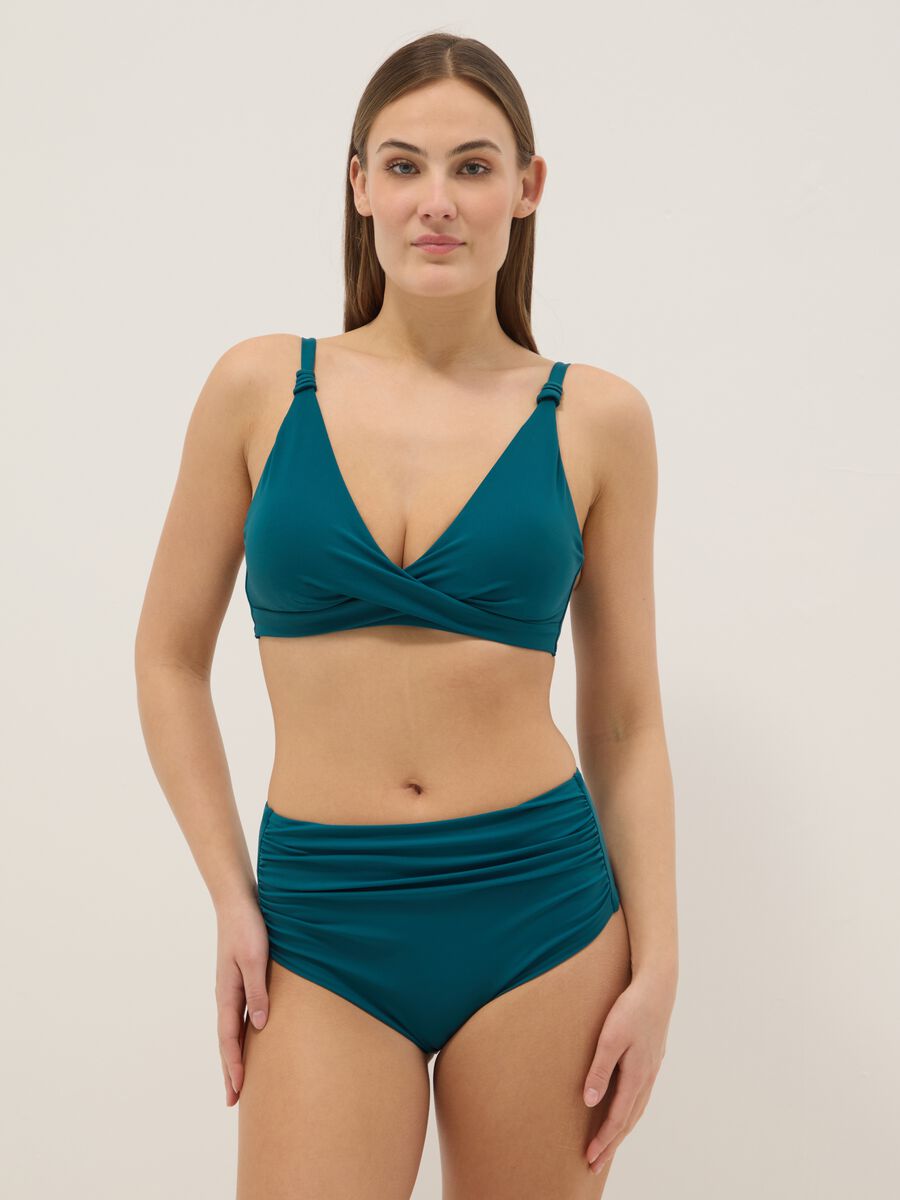 Green triangle bikini top in stretch fabric with shaping effect_1