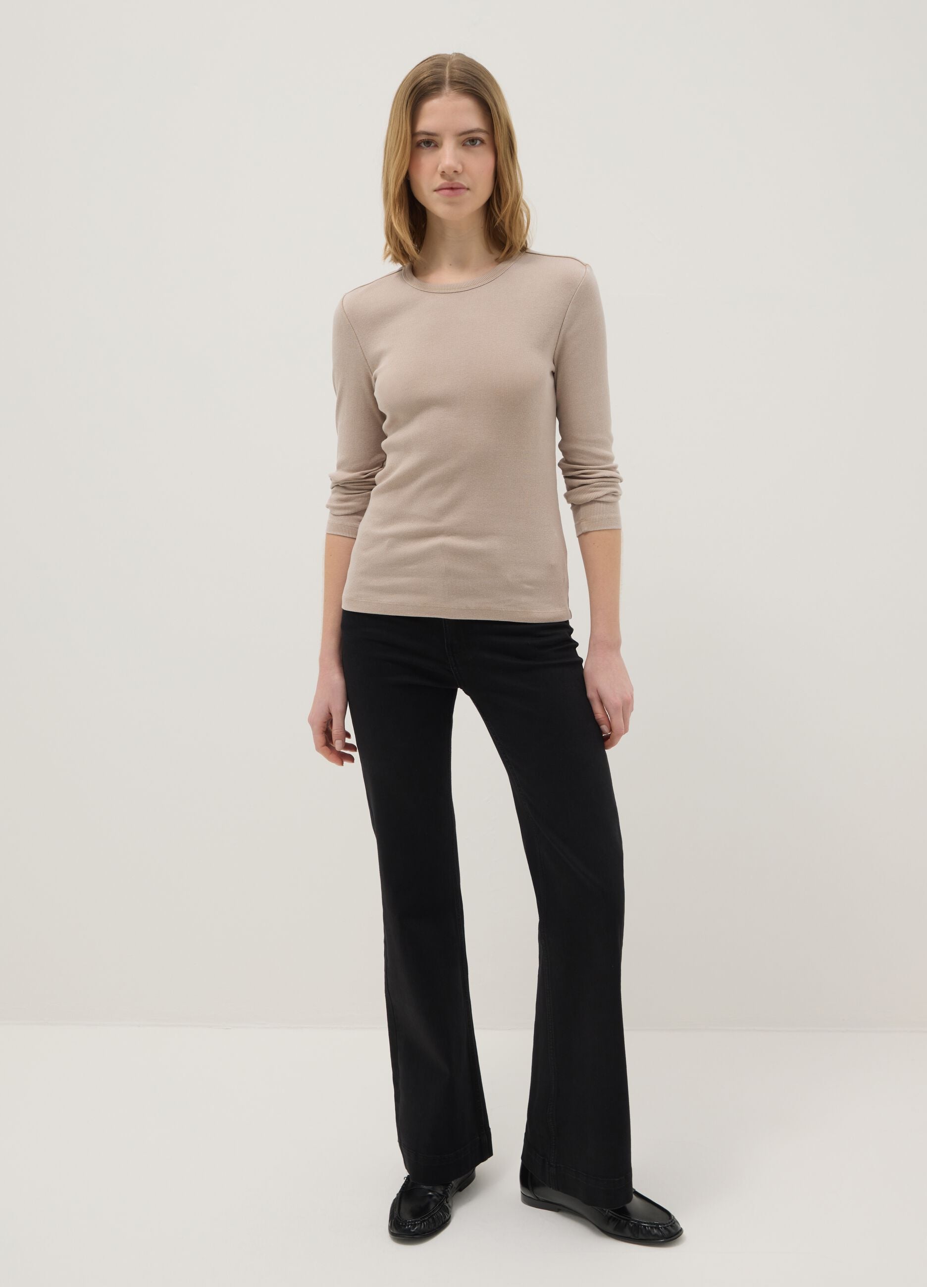 Beige regular fit stretchy cotton long sleeve top