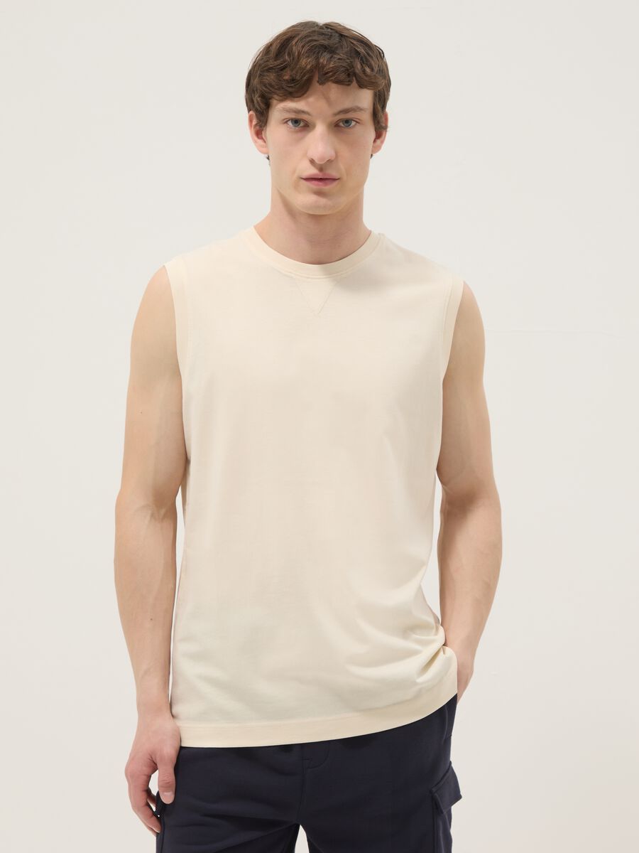 Beige crew-neck pure cotton vest top, relaxed fit_0