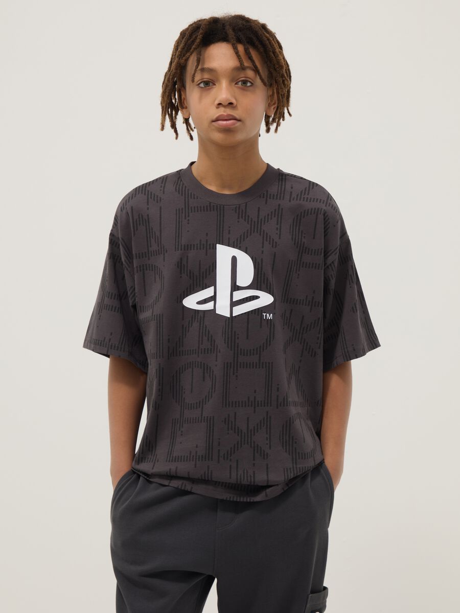 T-shirt in puro cotone grigio da ragazzo oversize fit con stampa_0