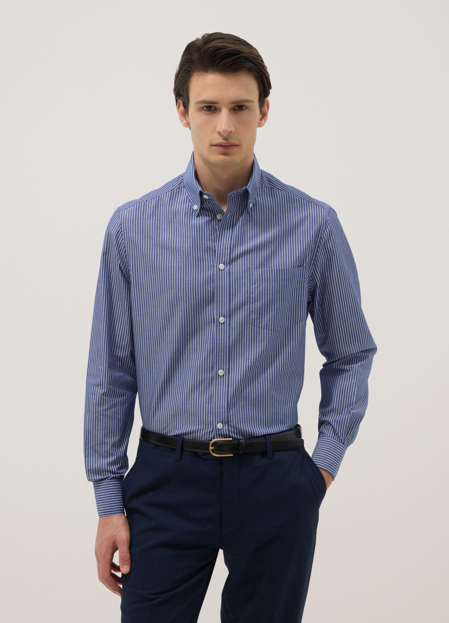 Multi-coloured striped cotton blend shirt, regular fit