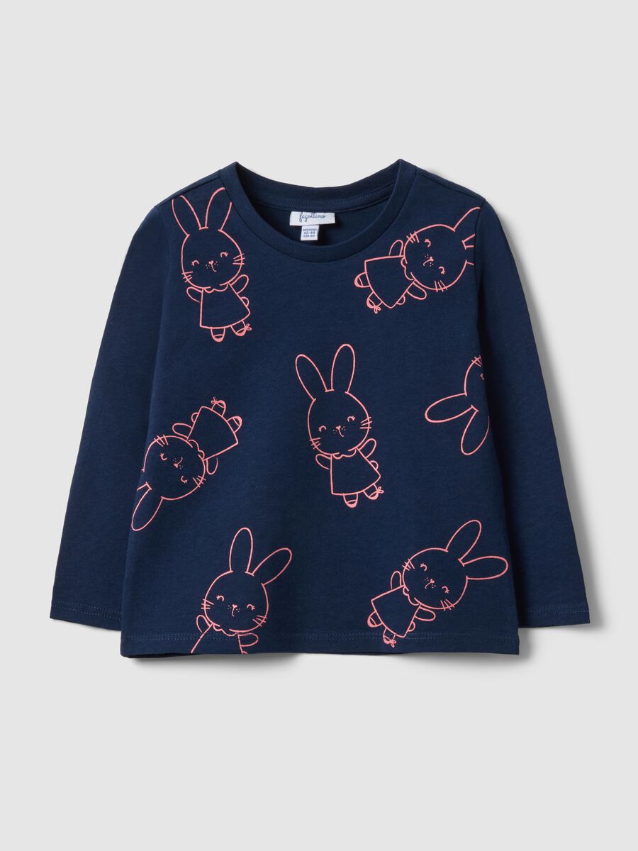 Blue long-sleeved pure cotton T-shirt with regular fit print_0