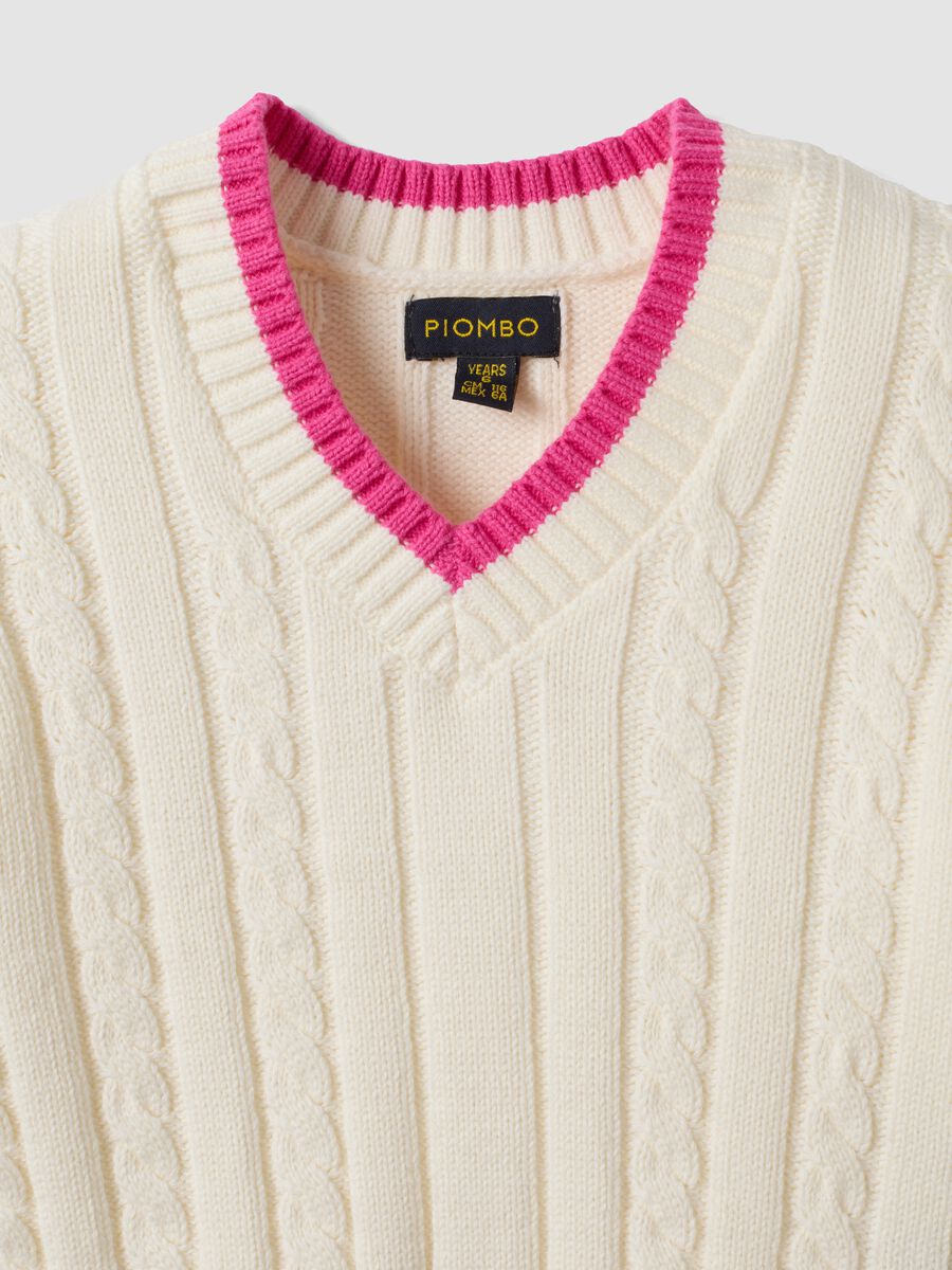 White pure cotton cable-knit V-neck jumper for girls_5