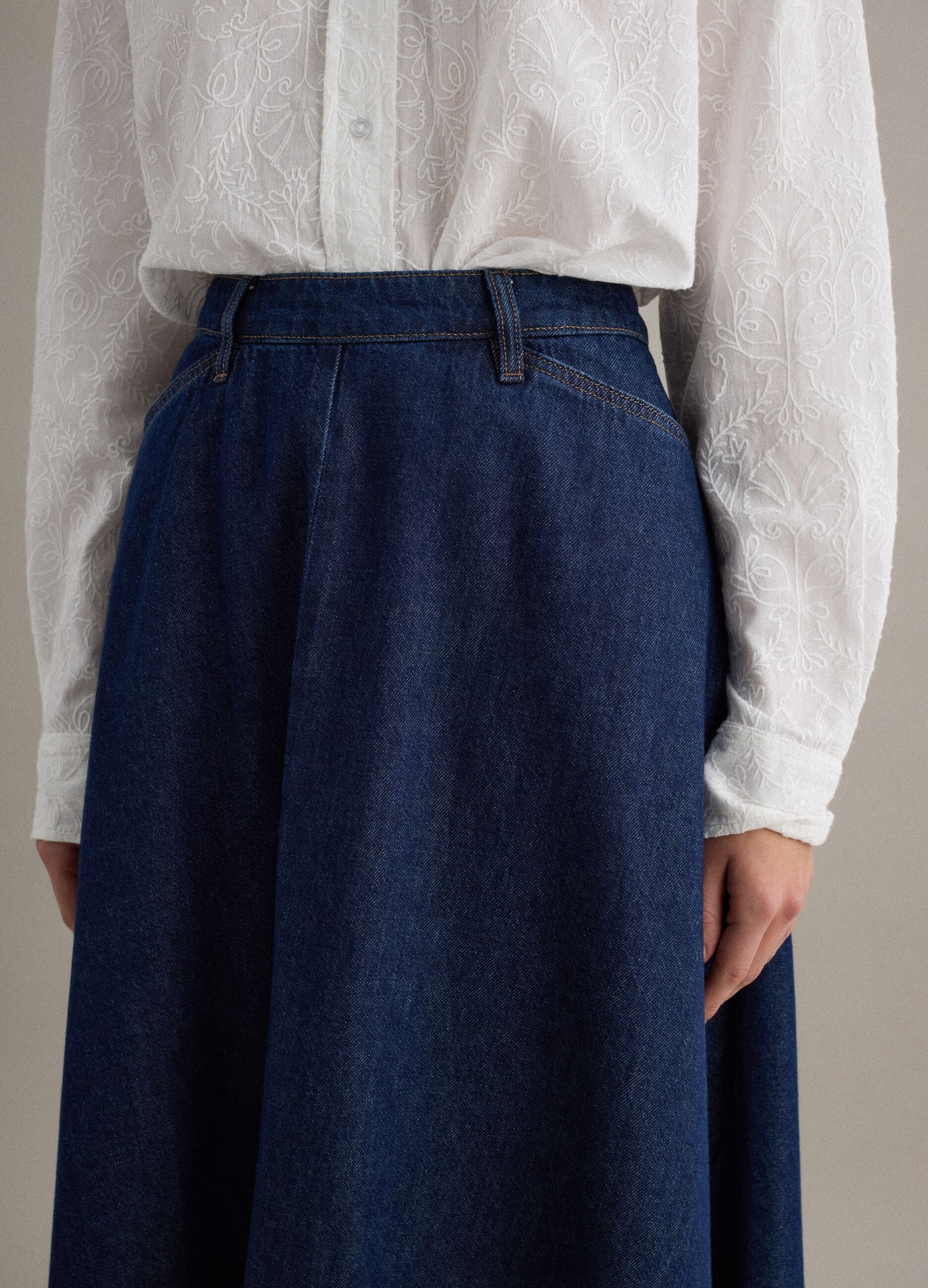 Long blue denim pure cotton skirt regular fit