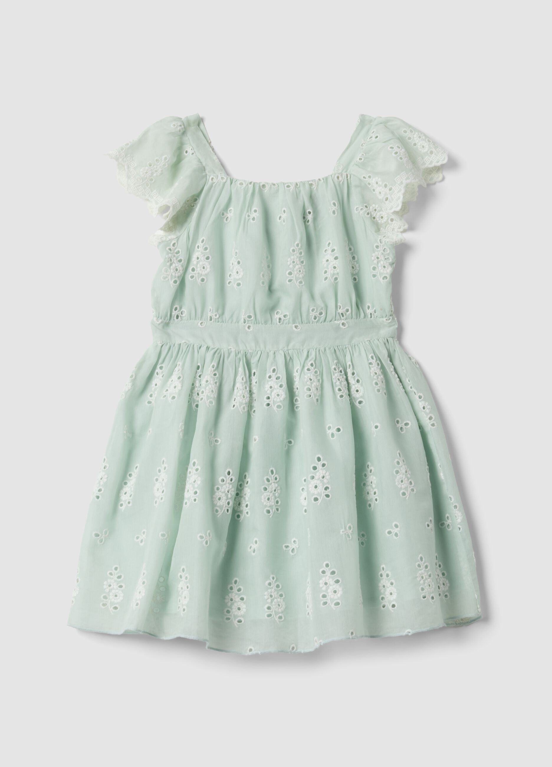 Green broderie anglaise viscose and cotton blend dress for girls, regular fit
