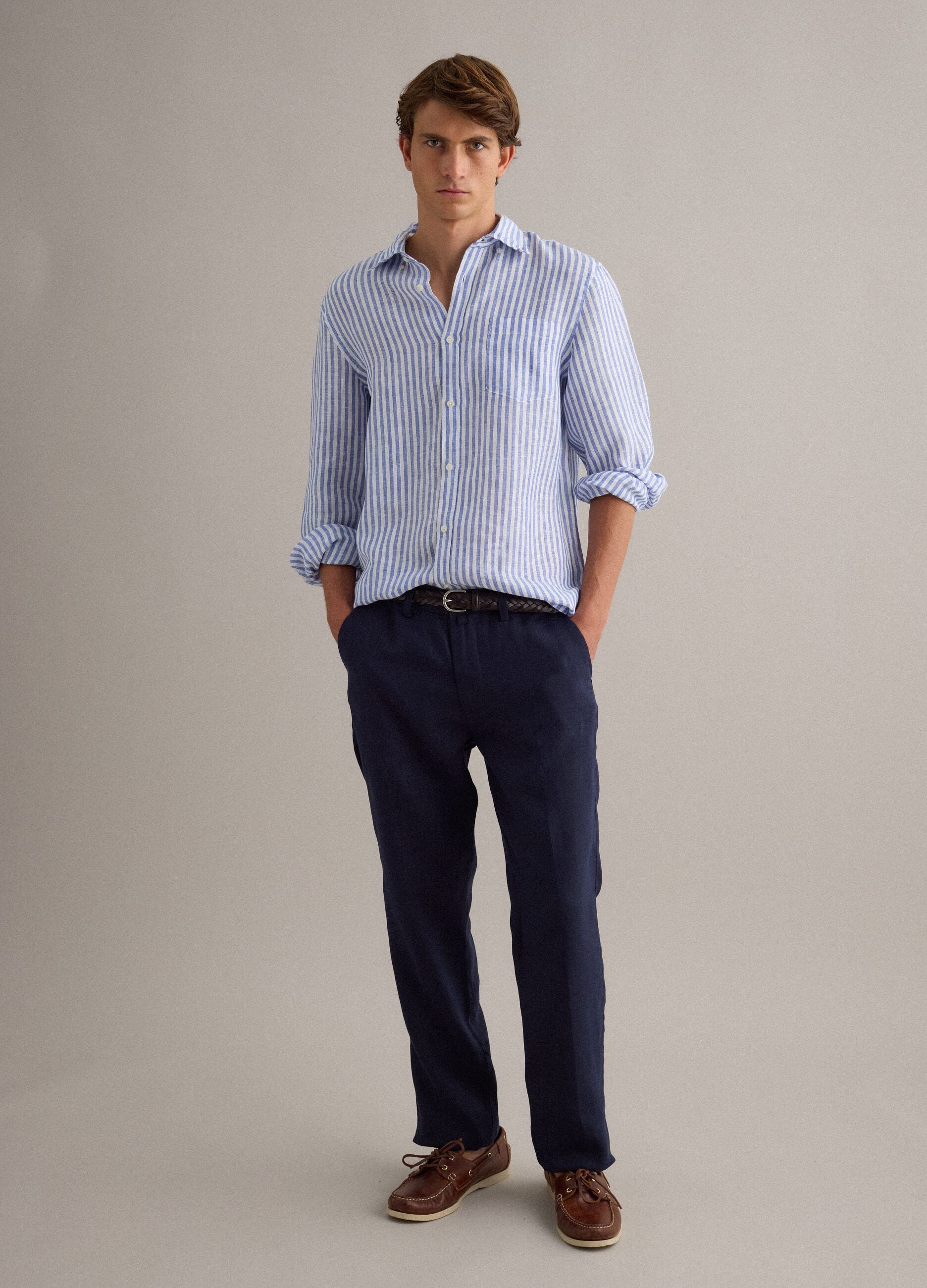 Blue pure linen chino trousers, regular fit