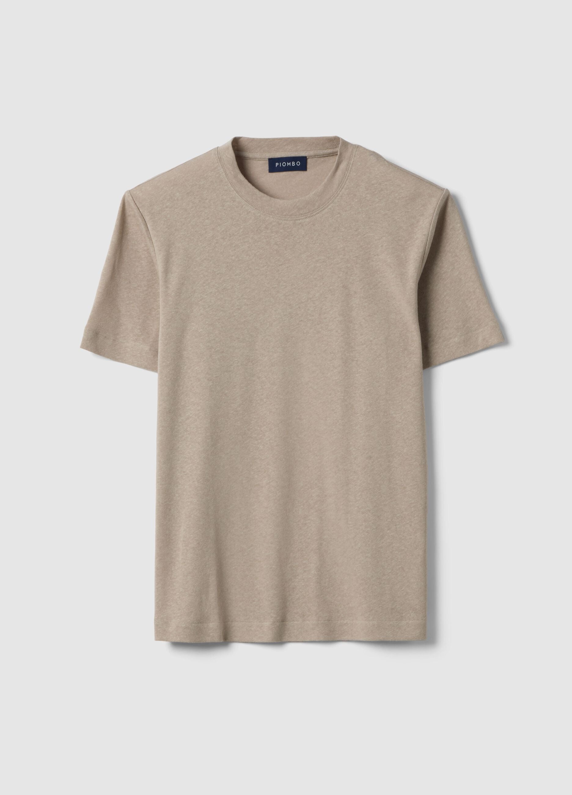 Beige linen-cotton blend regular fit t-shirt