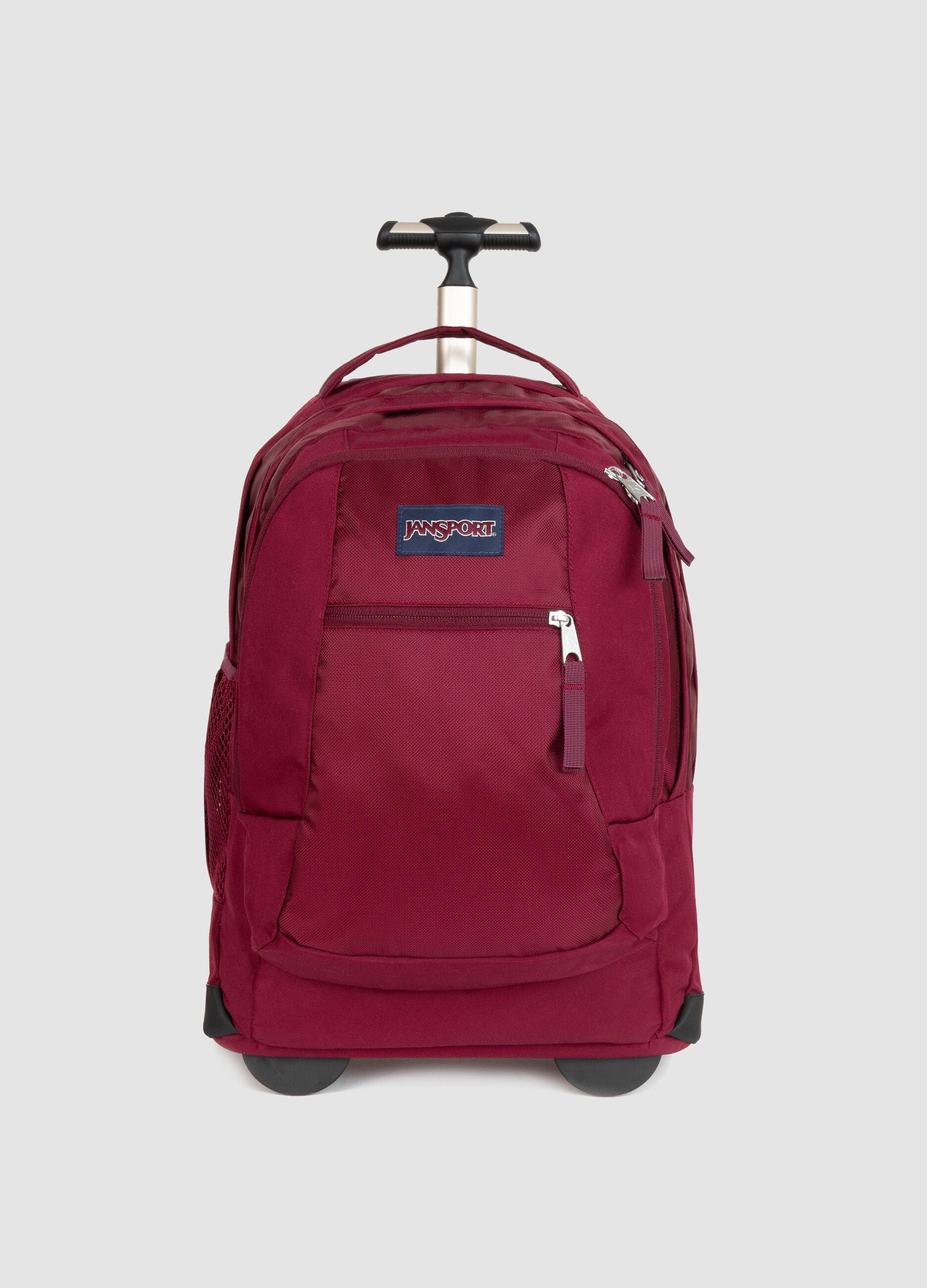 Red wheeled backpack with trolley handle and zip pockets