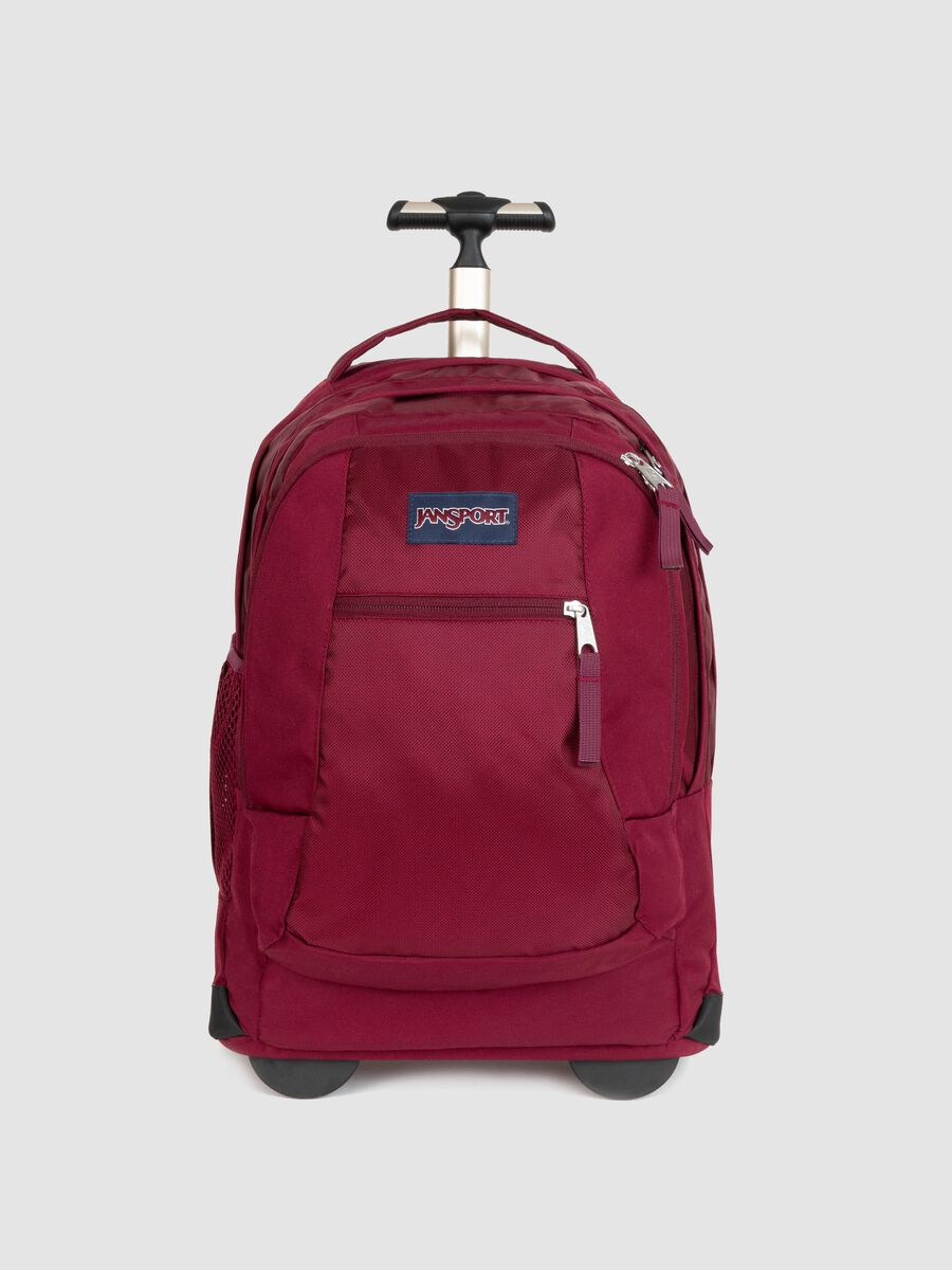 Red wheeled backpack with trolley handle and zip pockets_0