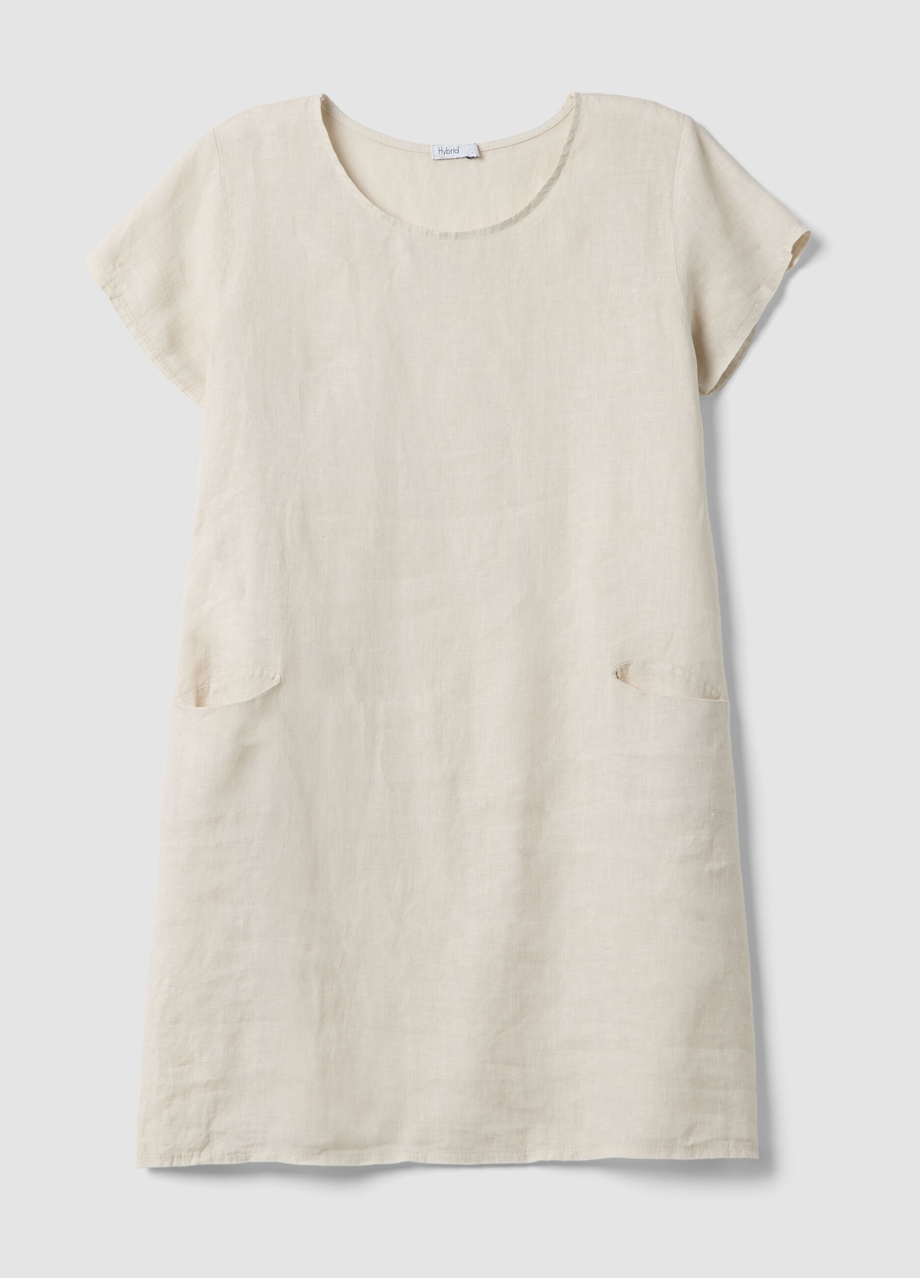 Beige pure linen dress with patch pockets, regular fit