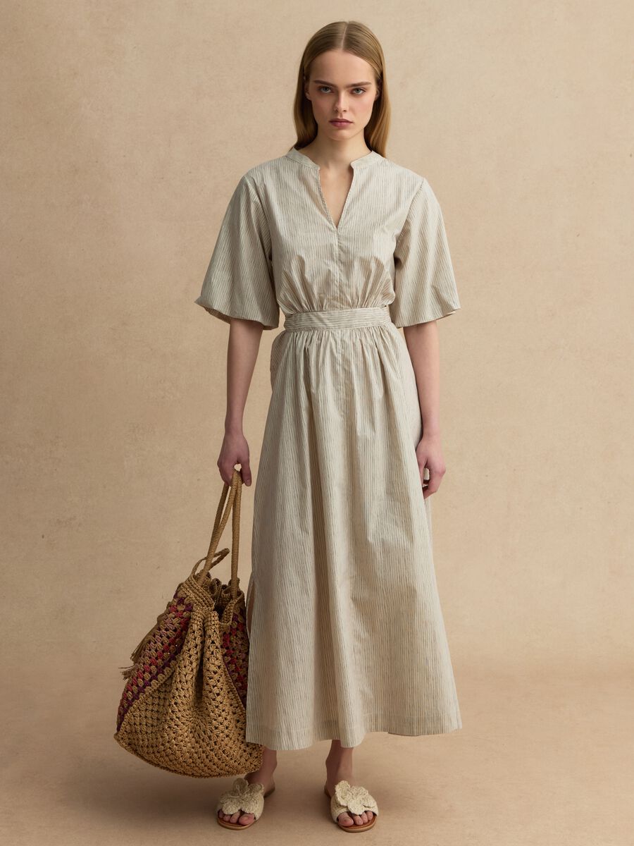 Beige striped pure cotton maxi dress, regular fit with V-neck_0