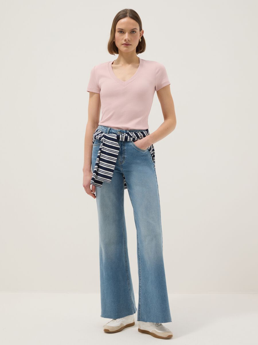 Pink regular fit deep V stretch cotton T-shirt_1