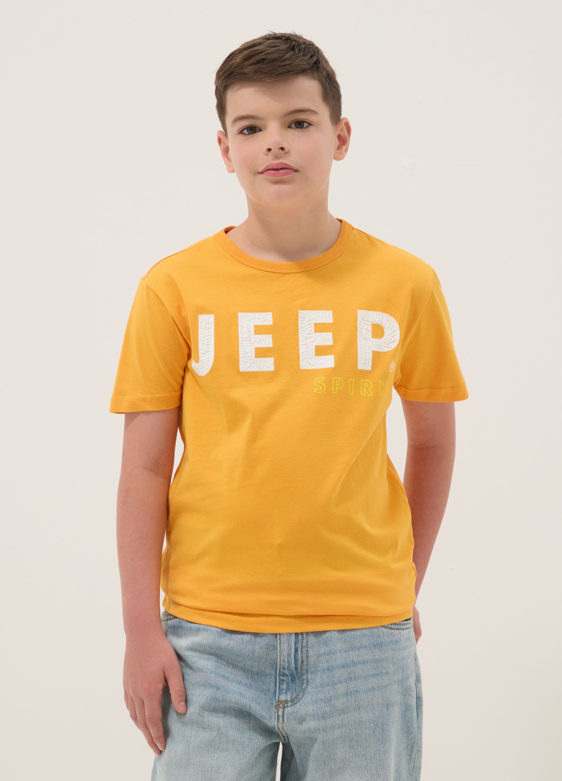 Orange cotton T-shirt for kids, regular fit with print