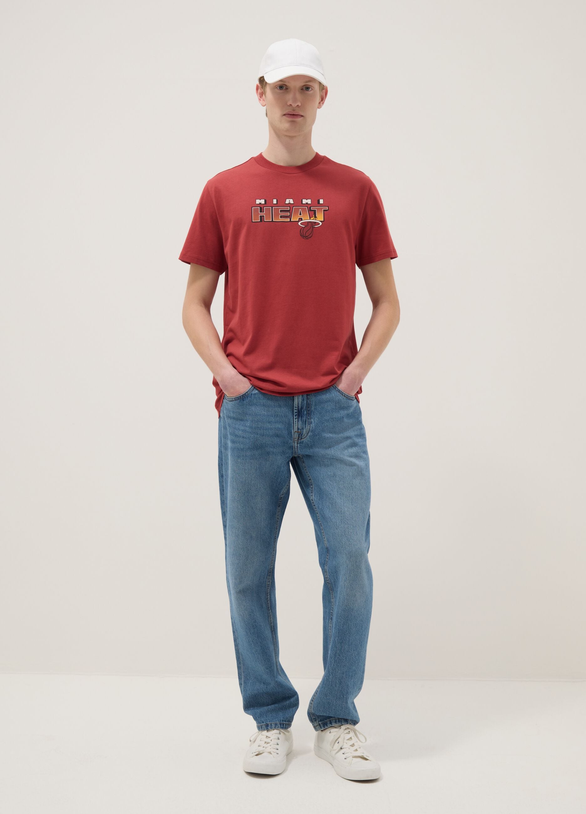 Red pure cotton regular fit T-shirt with Miami Heat print