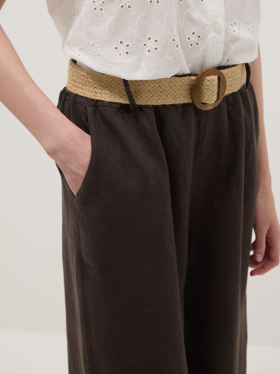 Brown pure linen wide-leg trousers with elasticated waist_3