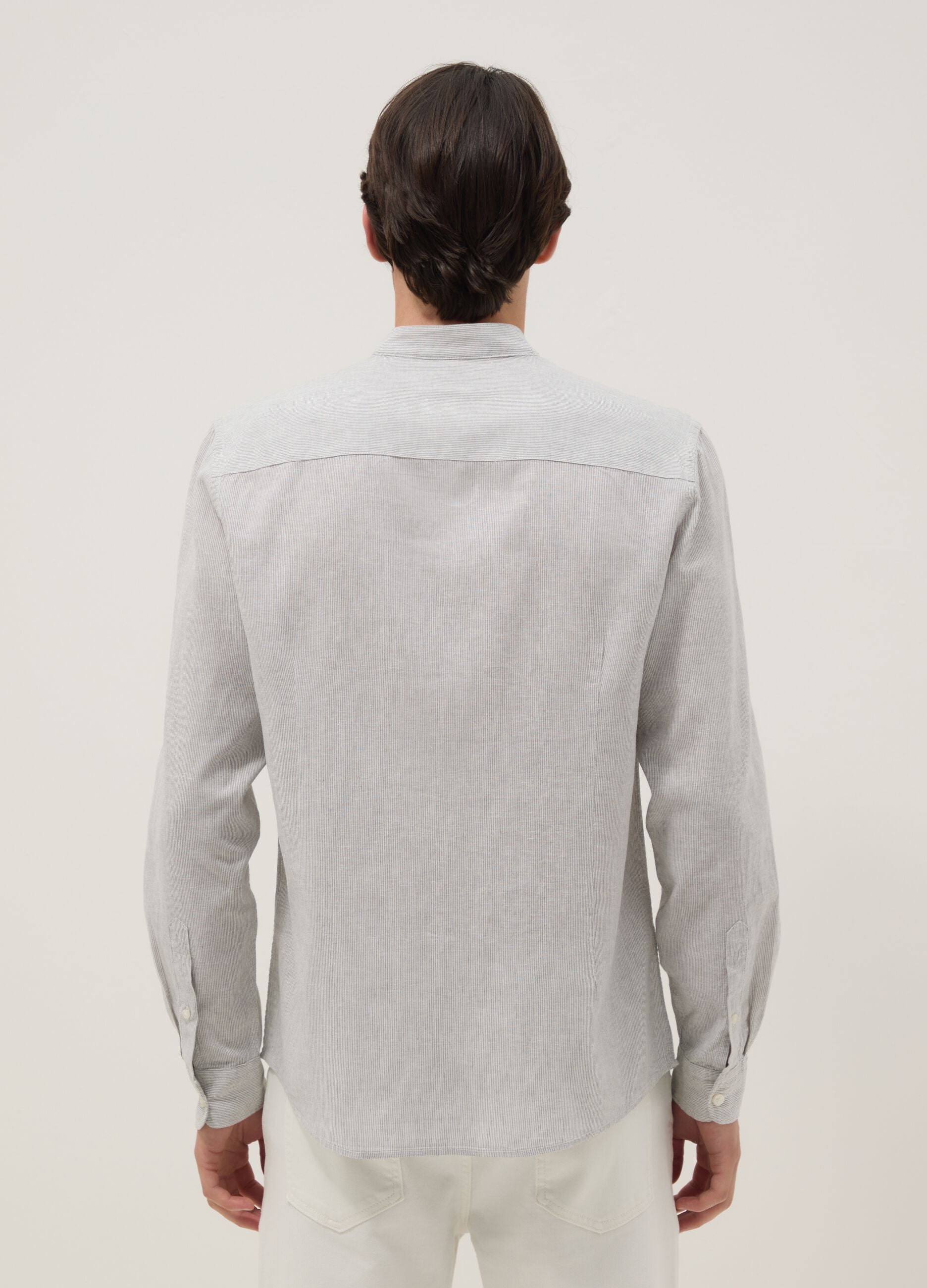 Multicolour striped shirt with mandarin collar in linen-cotton blend regular fit