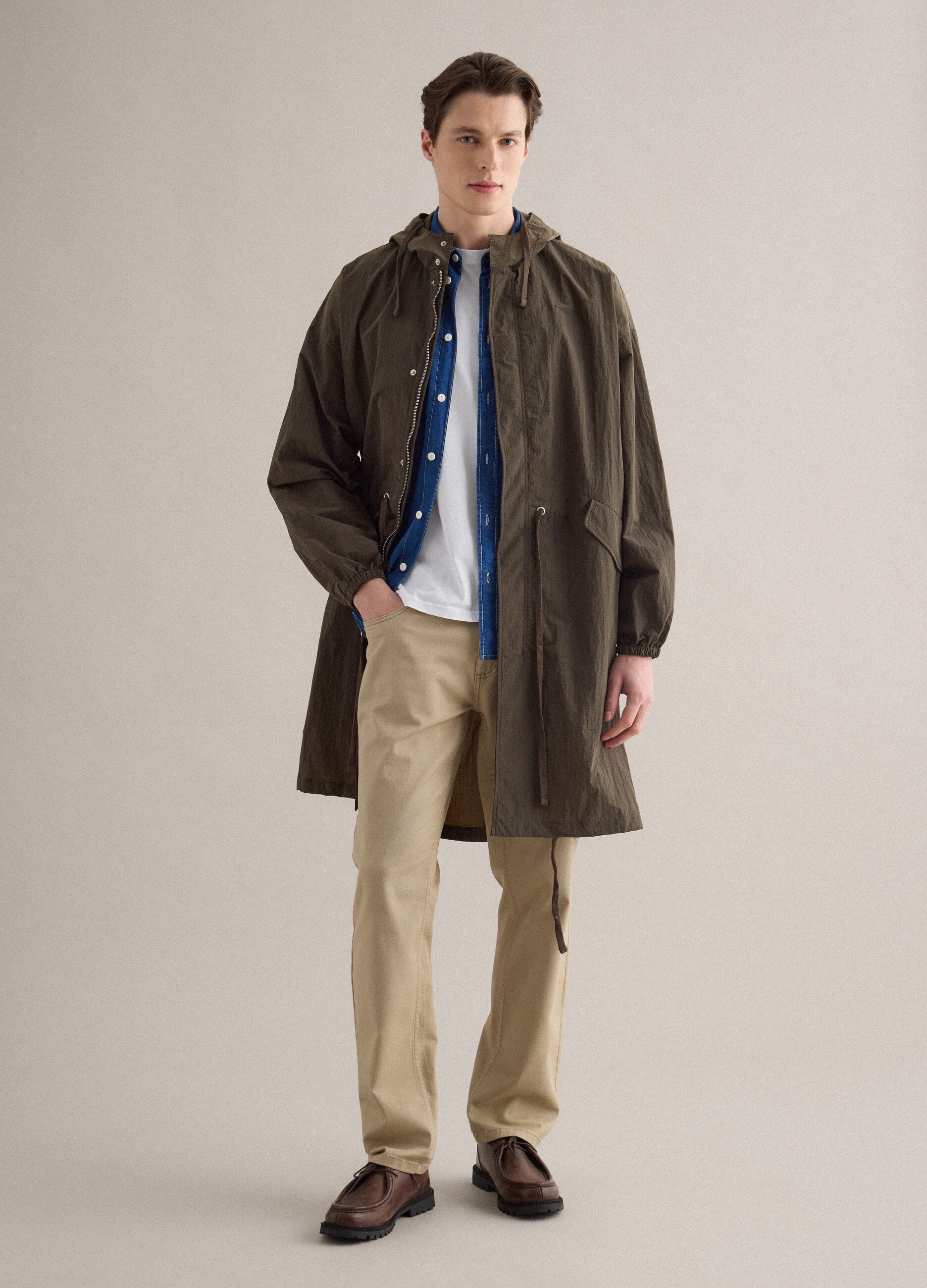 Brown regular fit parka jacket with full zip and hood