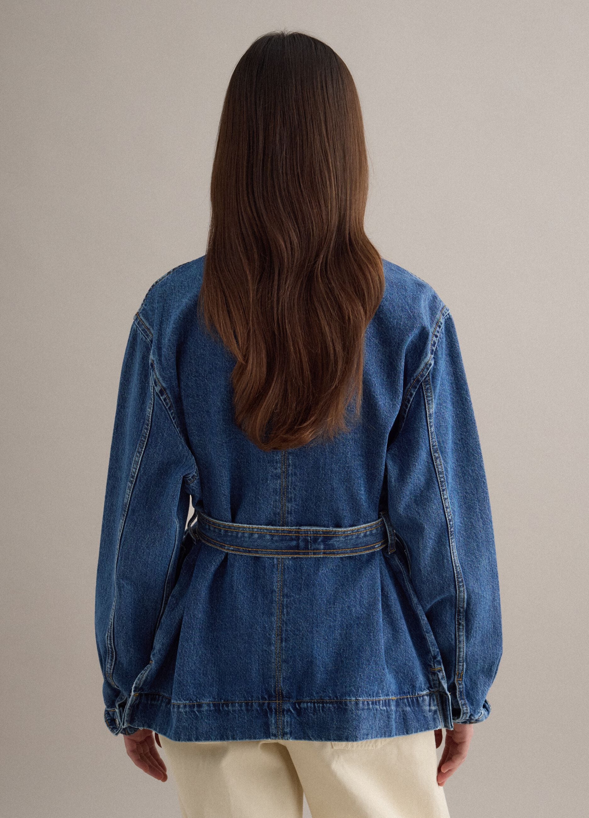 Blue denim jacket, pure cotton, regular fit with belt