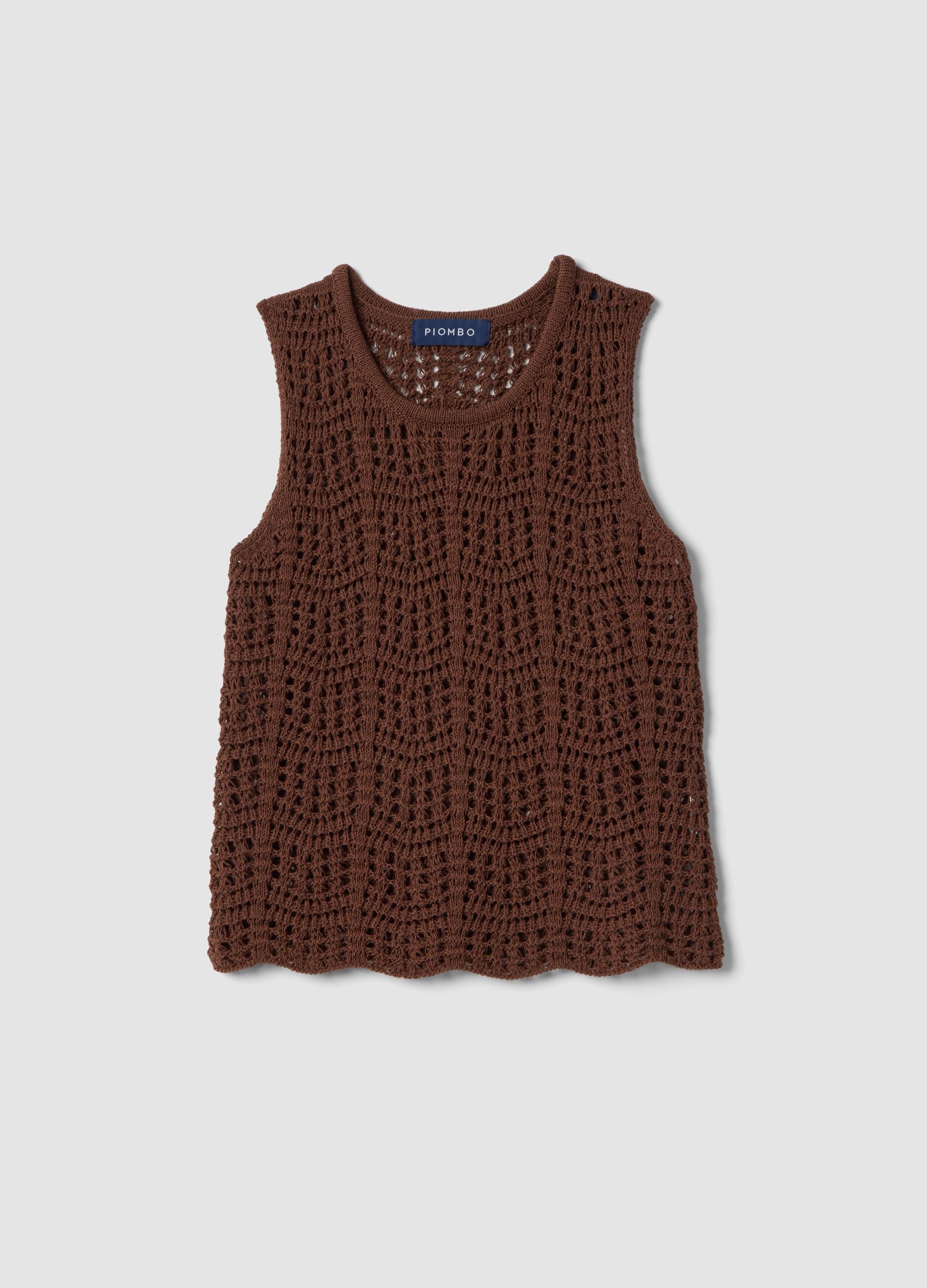 Brown regular fit cotton blend tank top with mesh texture