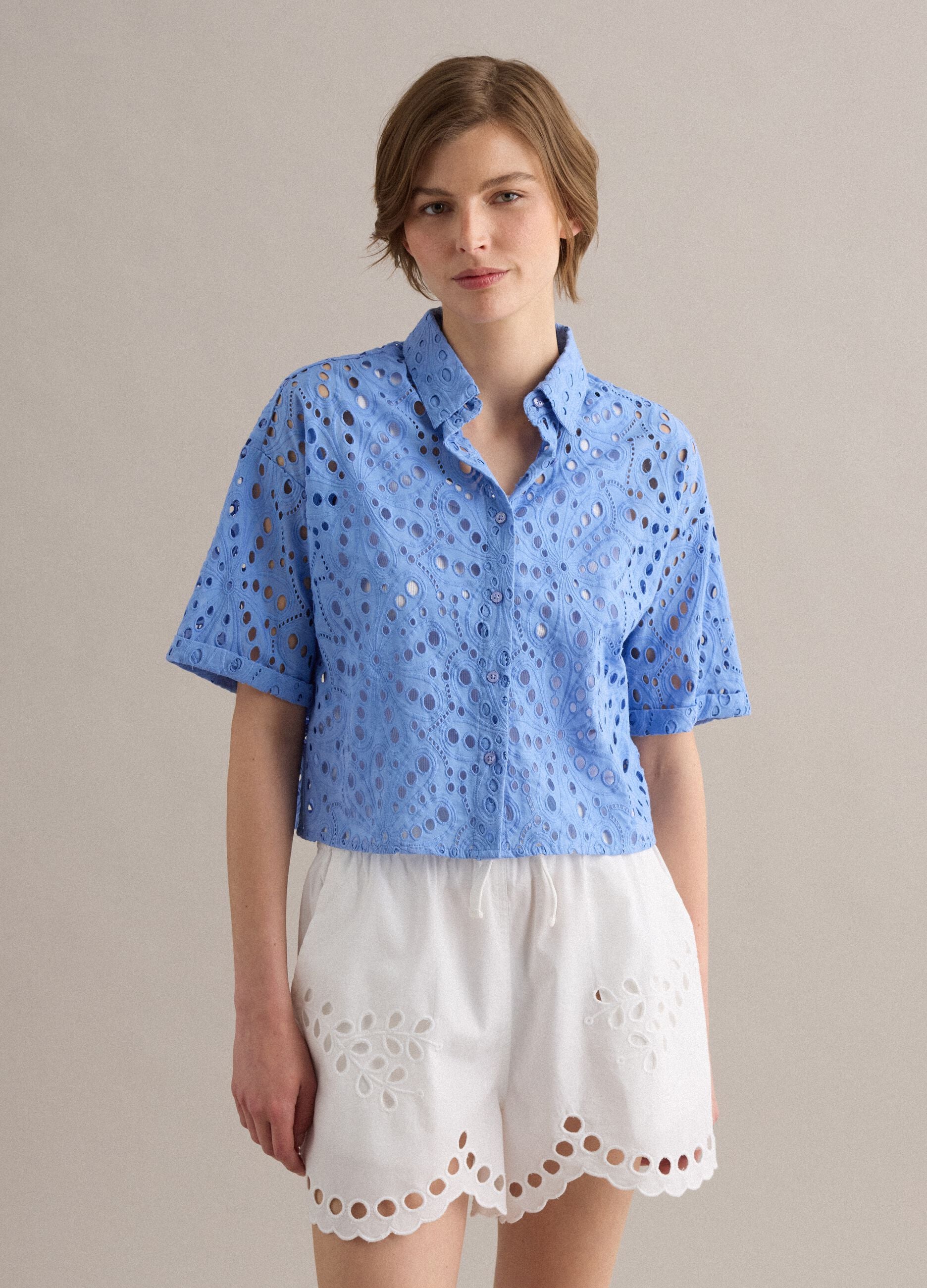 Light blue pure cotton broderie anglaise shirt
