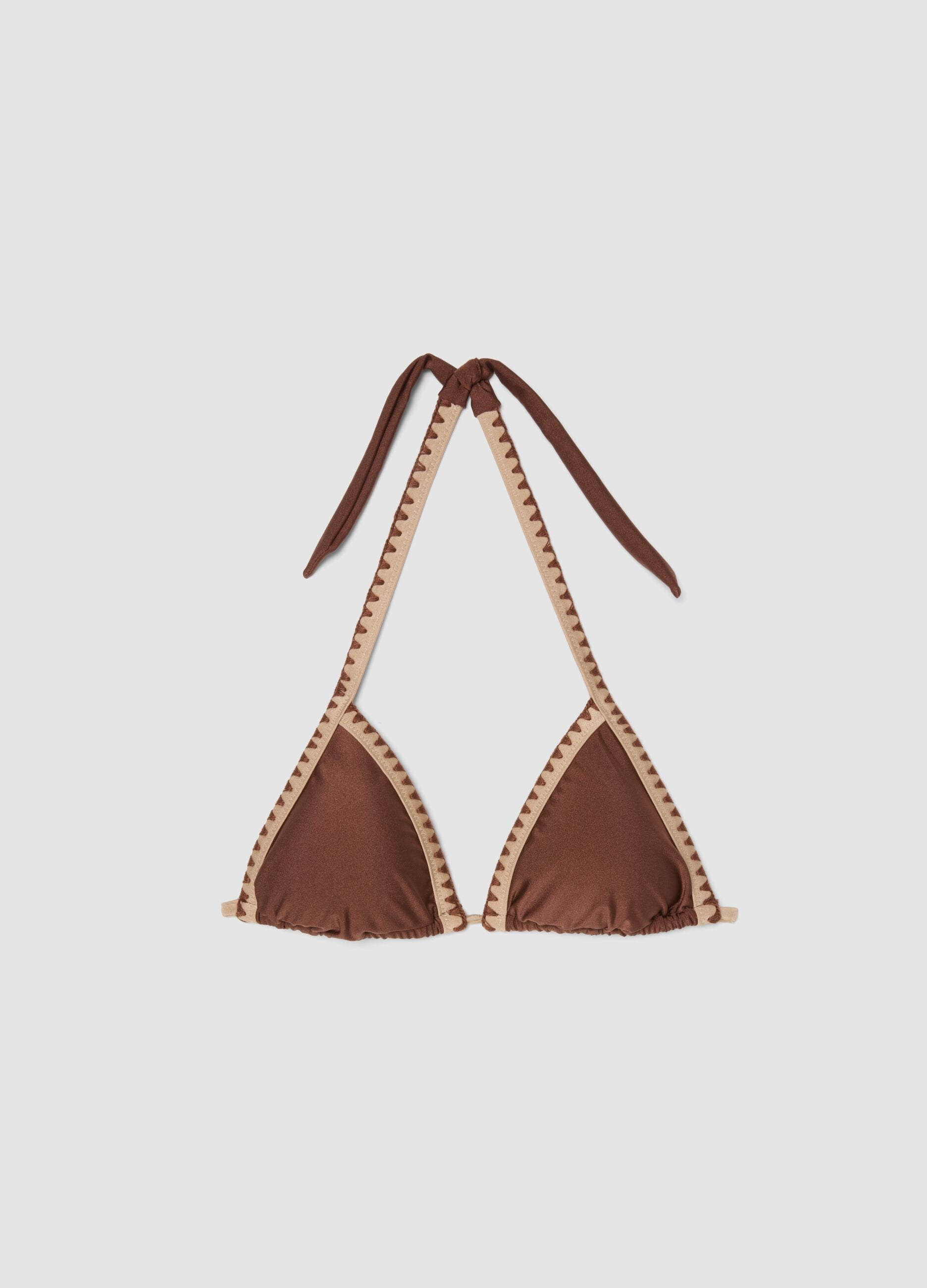 Top bikini a triangolo marrone in tessuto elasticizzato con finitura