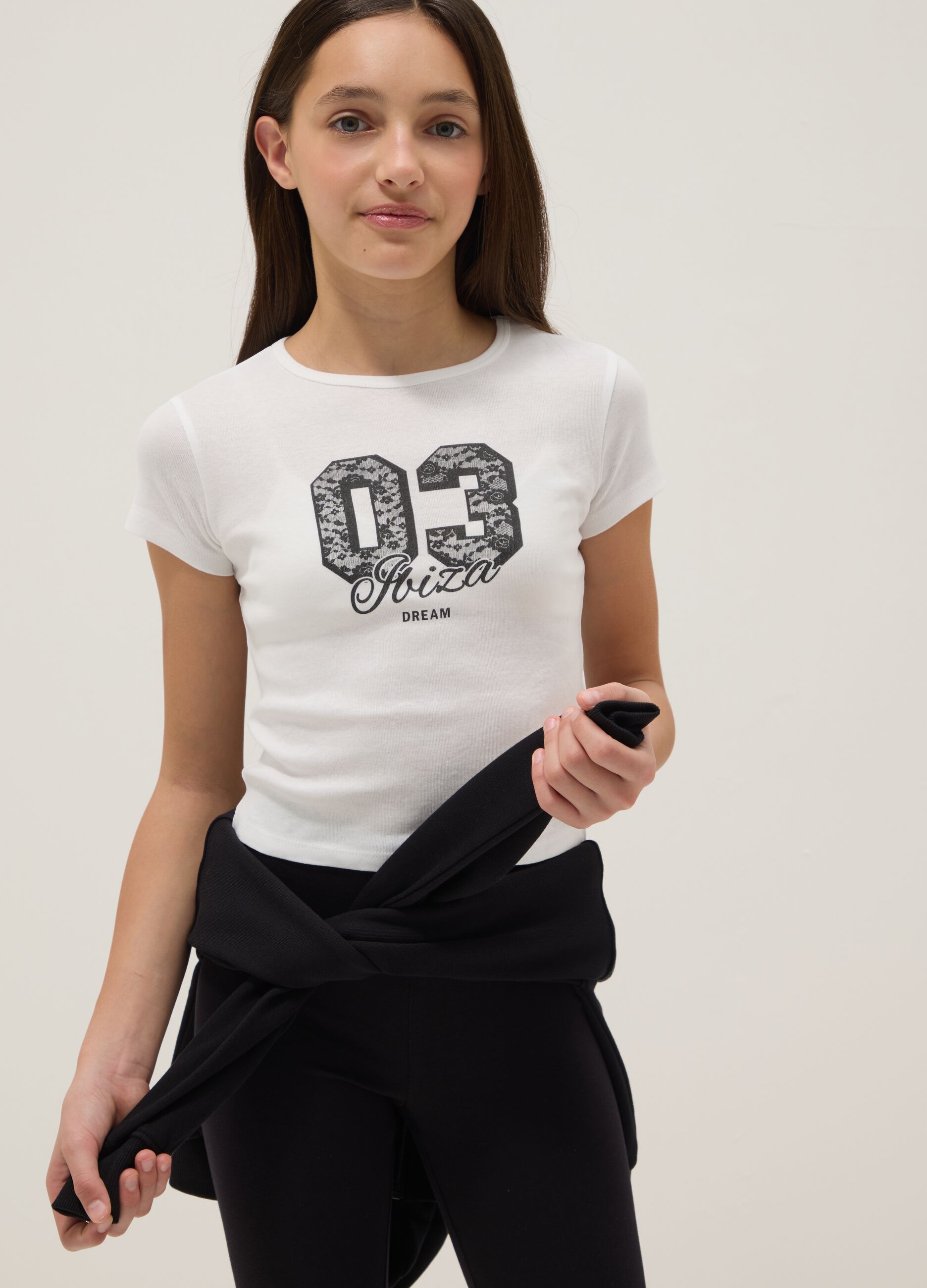 Girls' White Pure Cotton Slim Fit T-shirt with Print