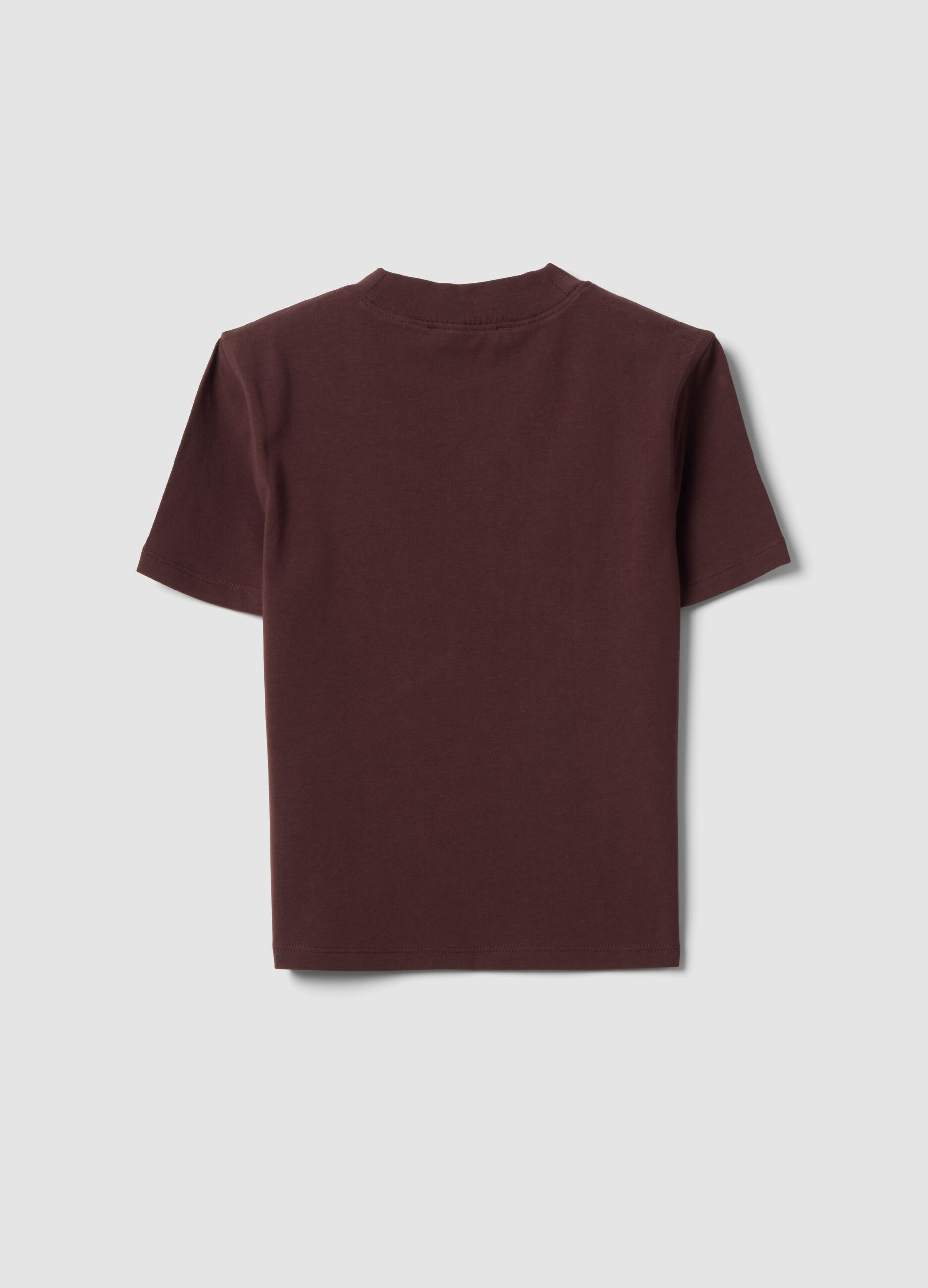 Brown fitted stretch-cotton T-shirt with high neckline