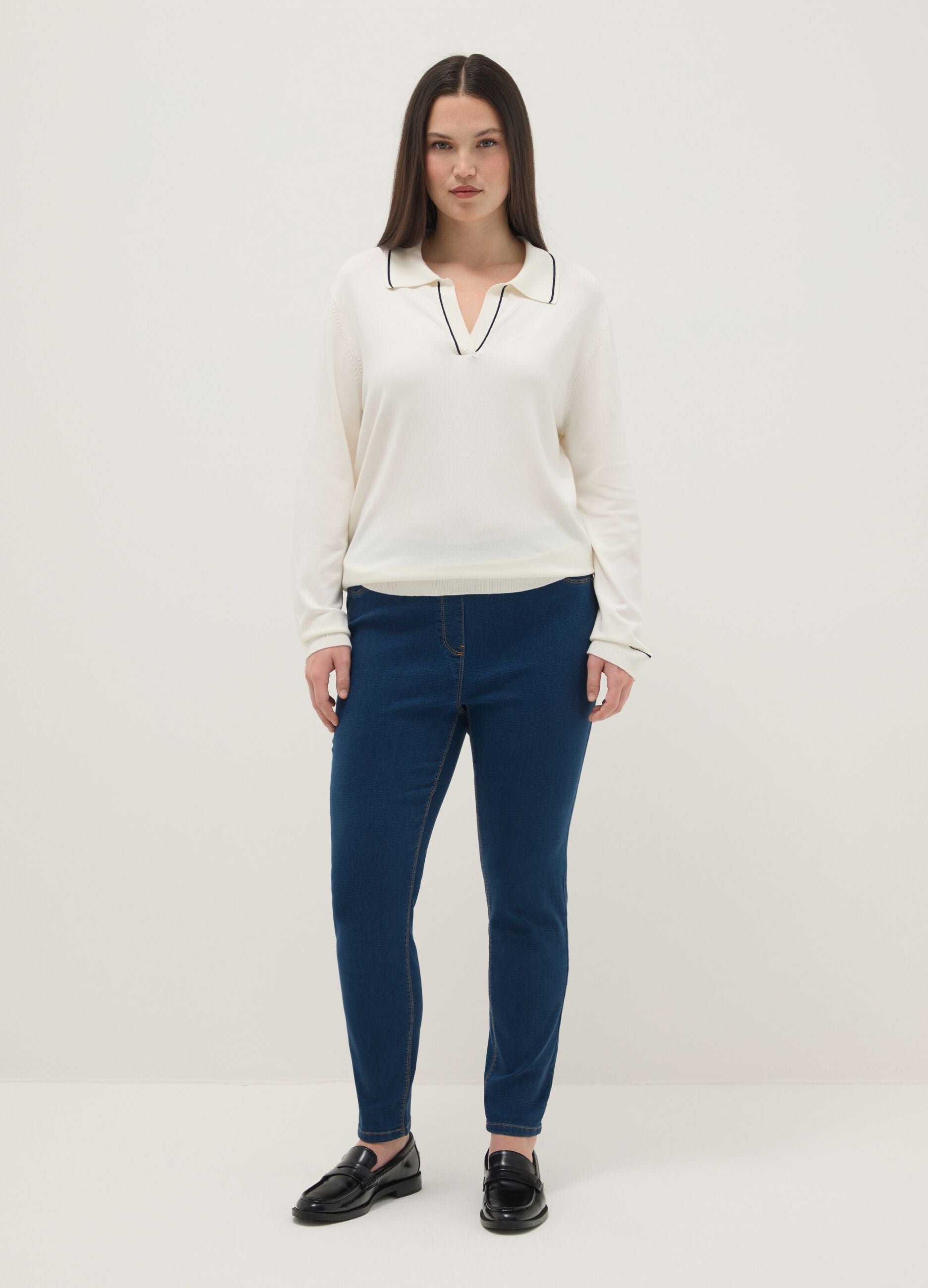 White viscose blend sweater with regular fit polo collar