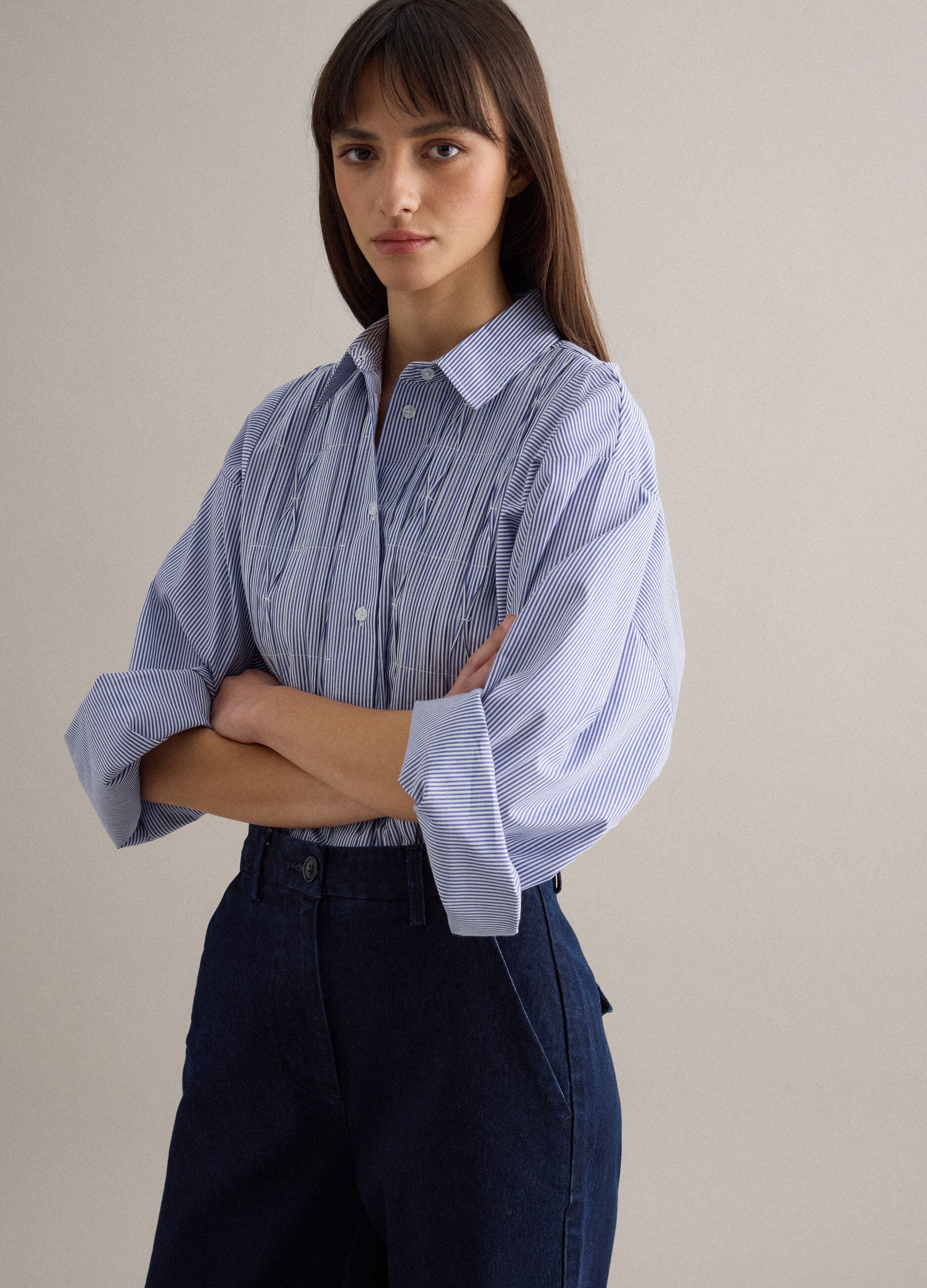 Oversized multicolour striped pure cotton shirt with pleats