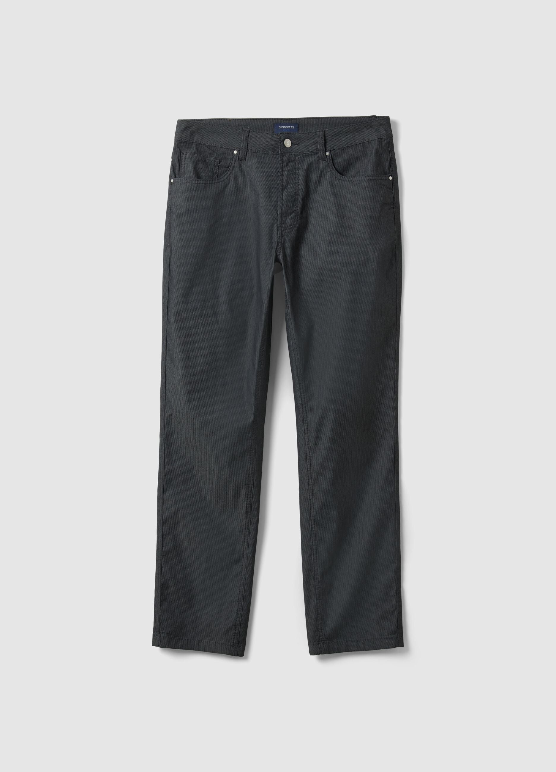 Black stretch cotton regular fit trousers with five pockets
