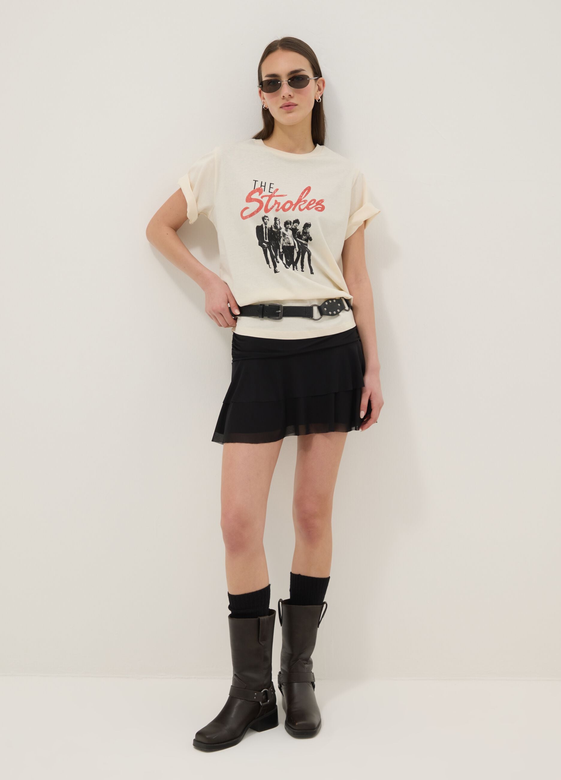 Beige pure cotton T-shirt with oversized print, relaxed fit