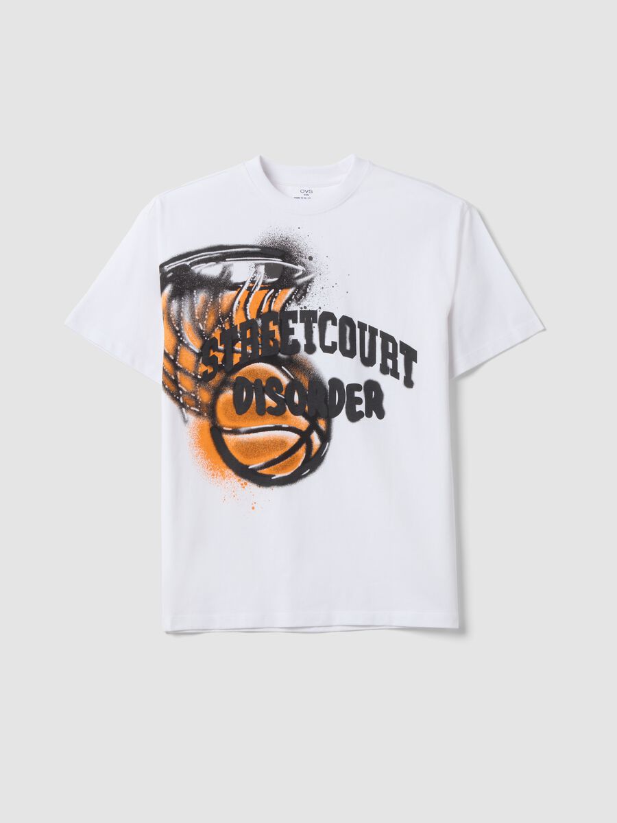 White pure cotton oversized T-shirt with basketball graphic print for boys_0