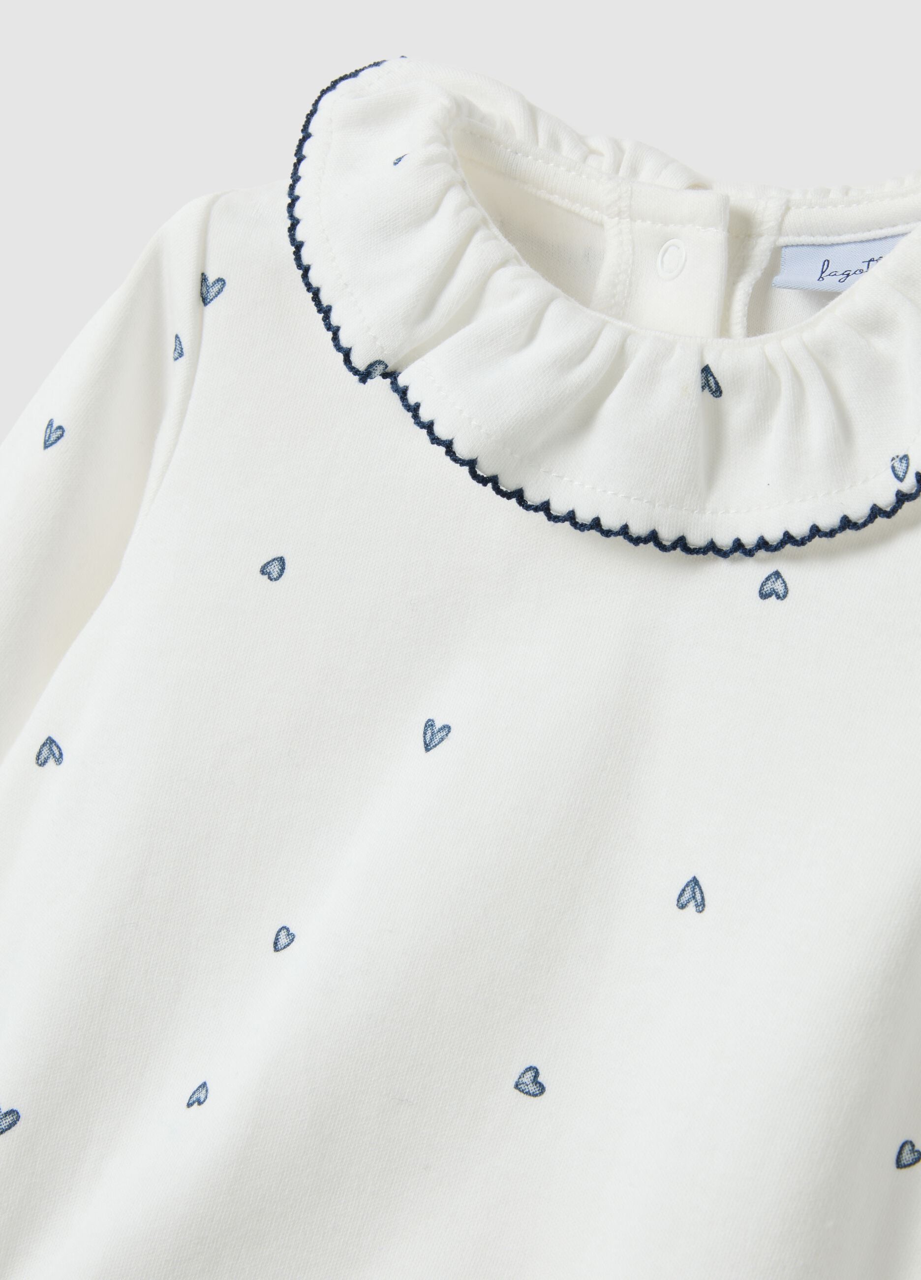 Baby girl white pure cotton bodysuit with ruffle collar and hearts
