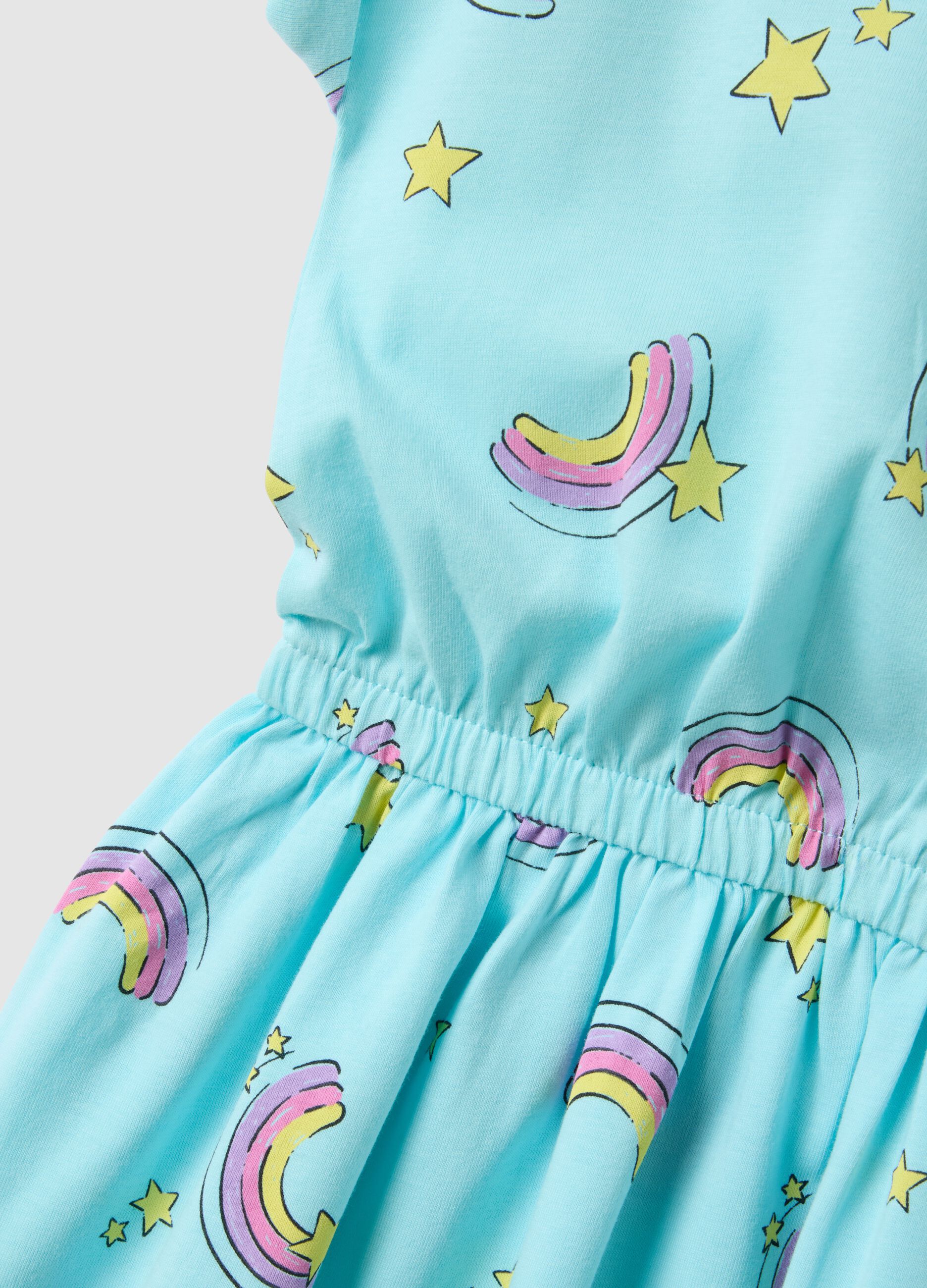 Blue pure cotton dress for girls regular fit with rainbows