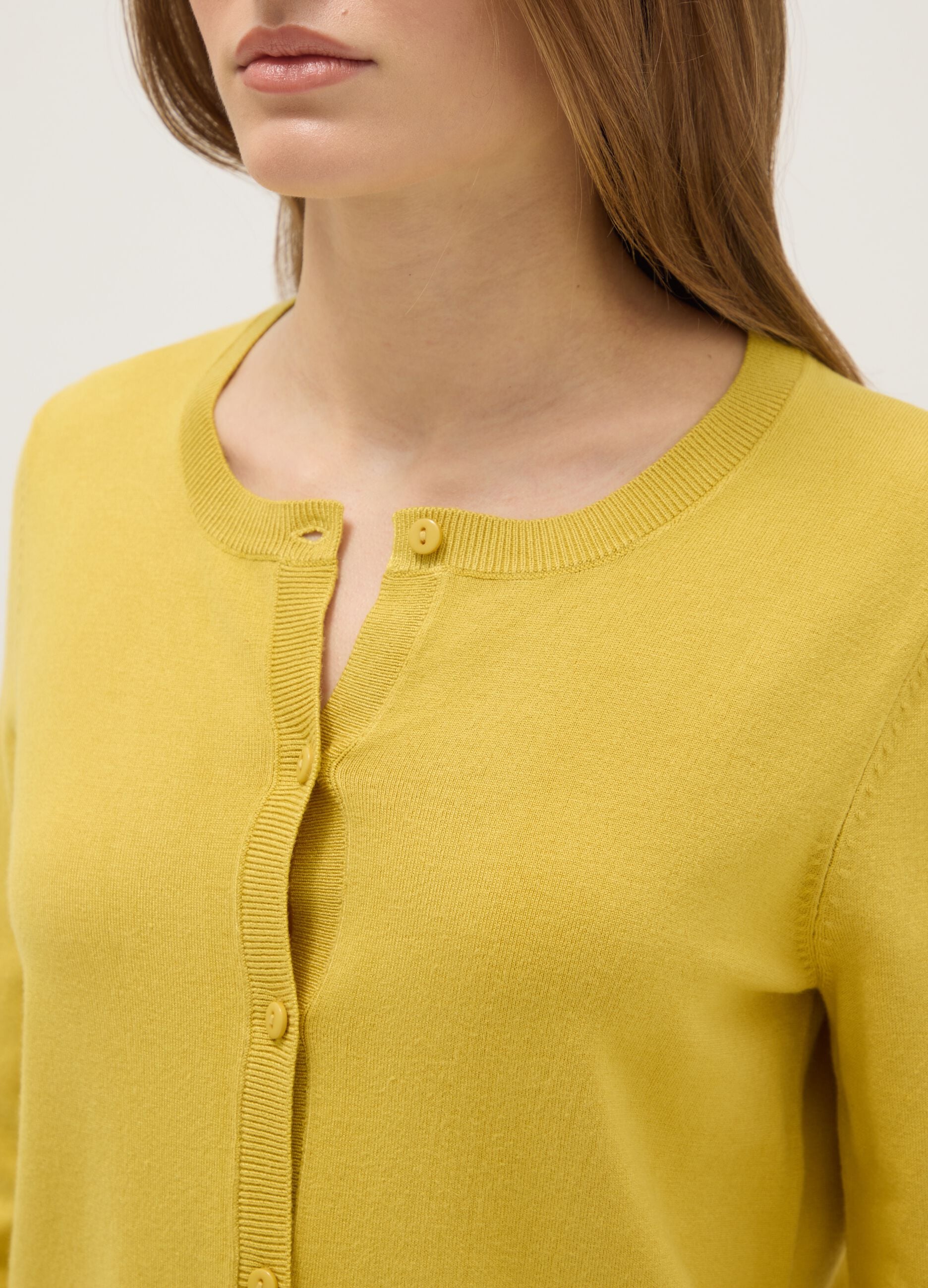 Yellow Crew Neck Regular Fit Cardigan